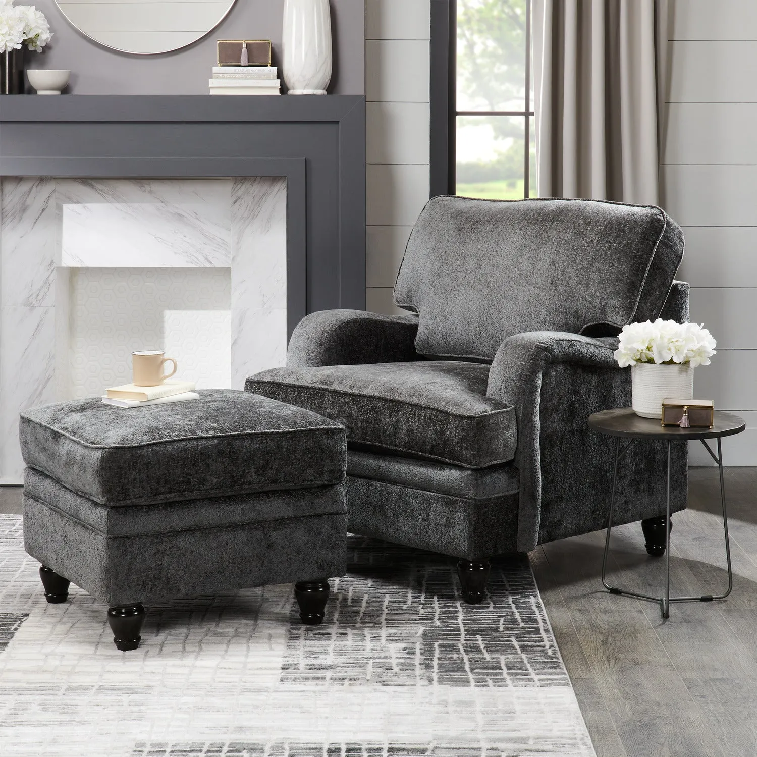 Greycliff Chenille Ottoman - Charcoal