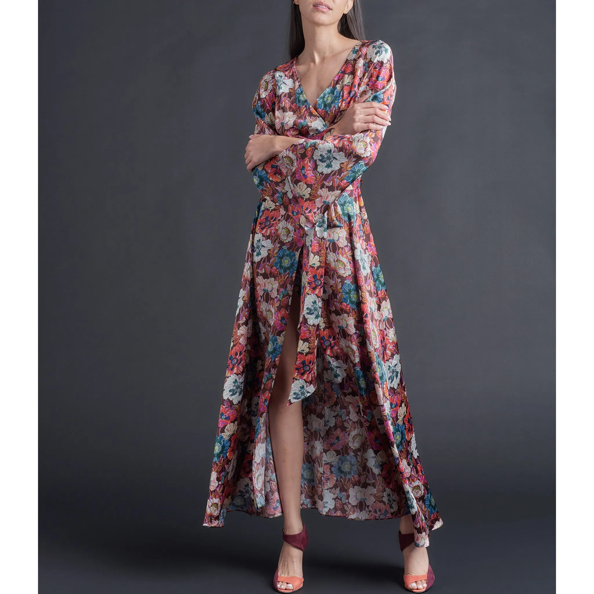 Iris Wrap Robe in Liberty Print Silk Charmeuse - Poppy