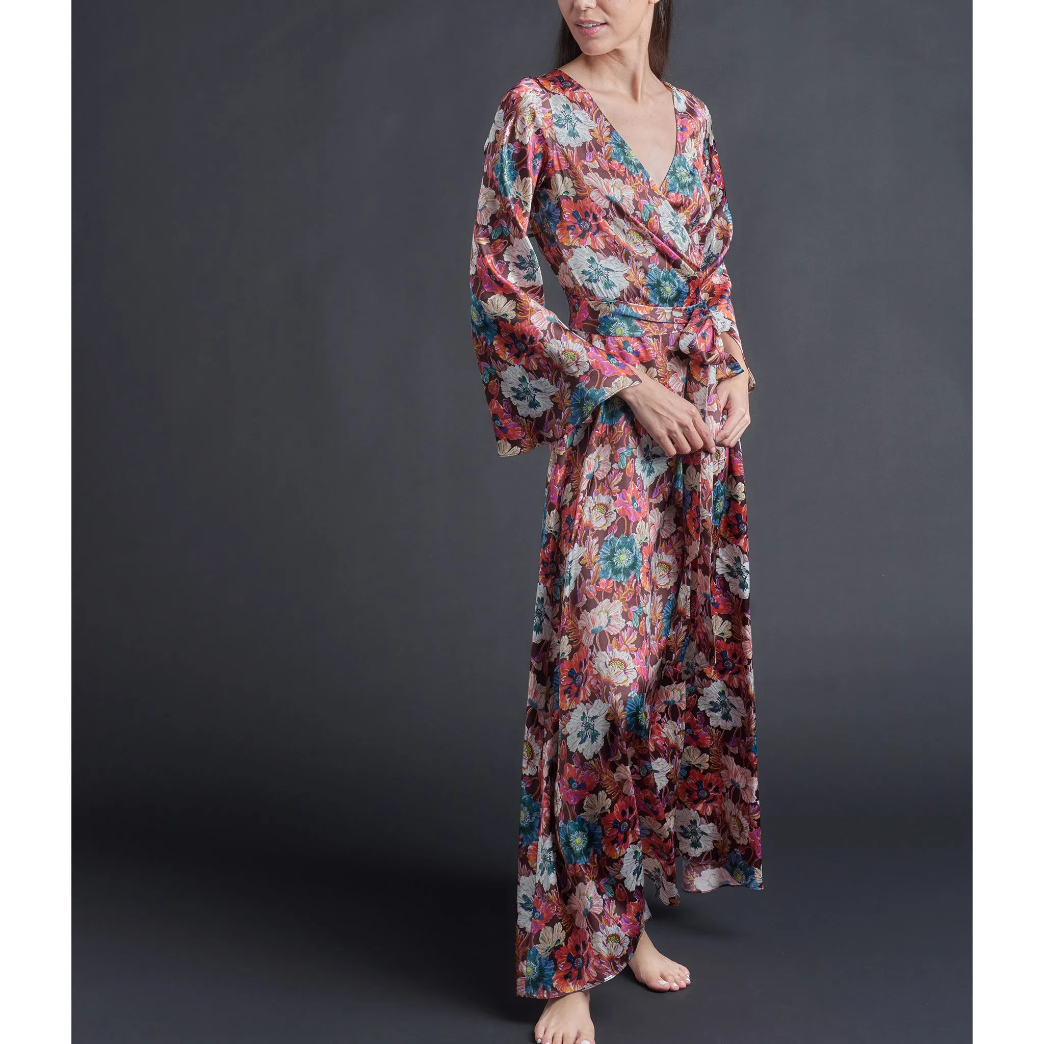 Iris Wrap Robe in Liberty Print Silk Charmeuse - Poppy