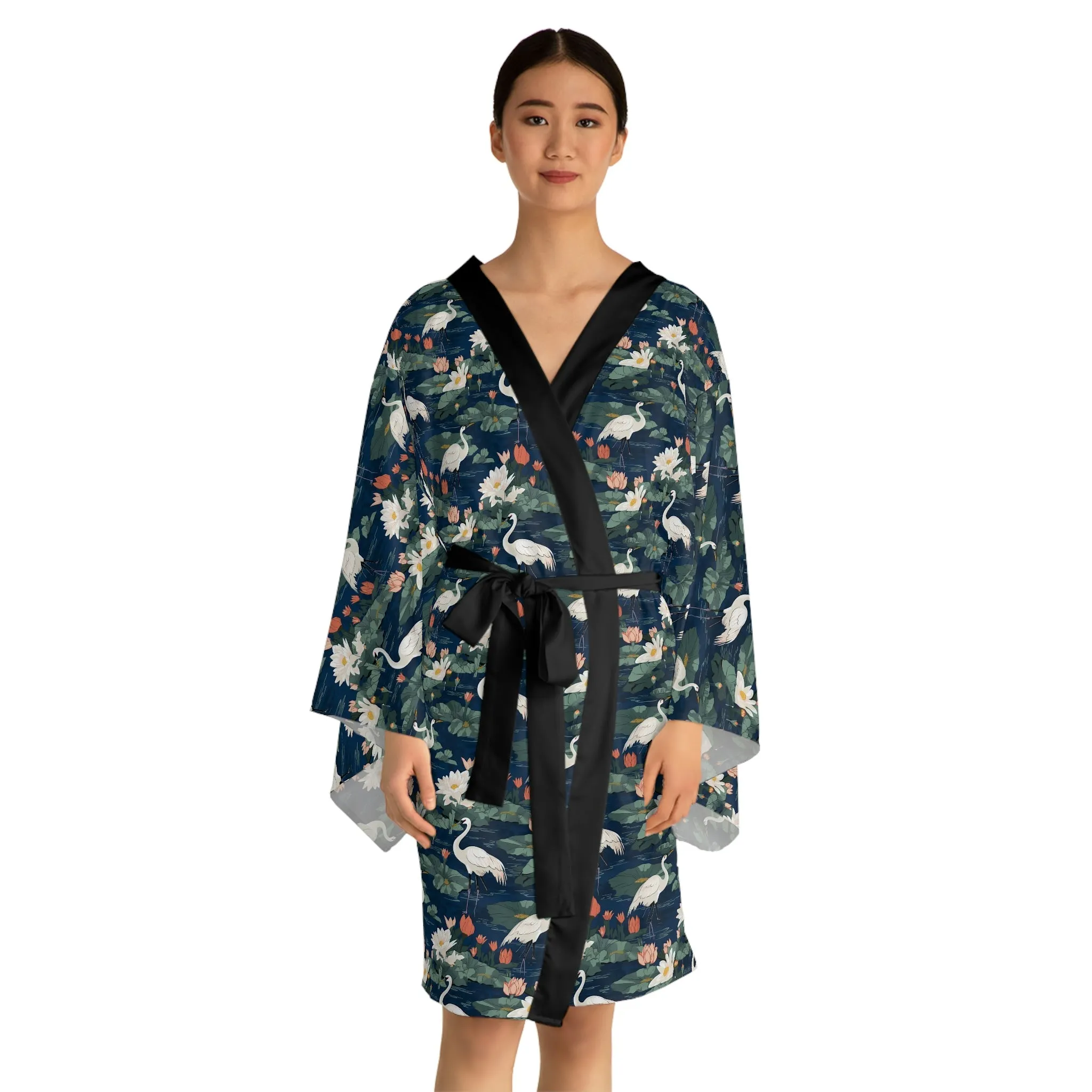 Japandi Whooping Crane Pattern Long Sleeve Kimono Robe