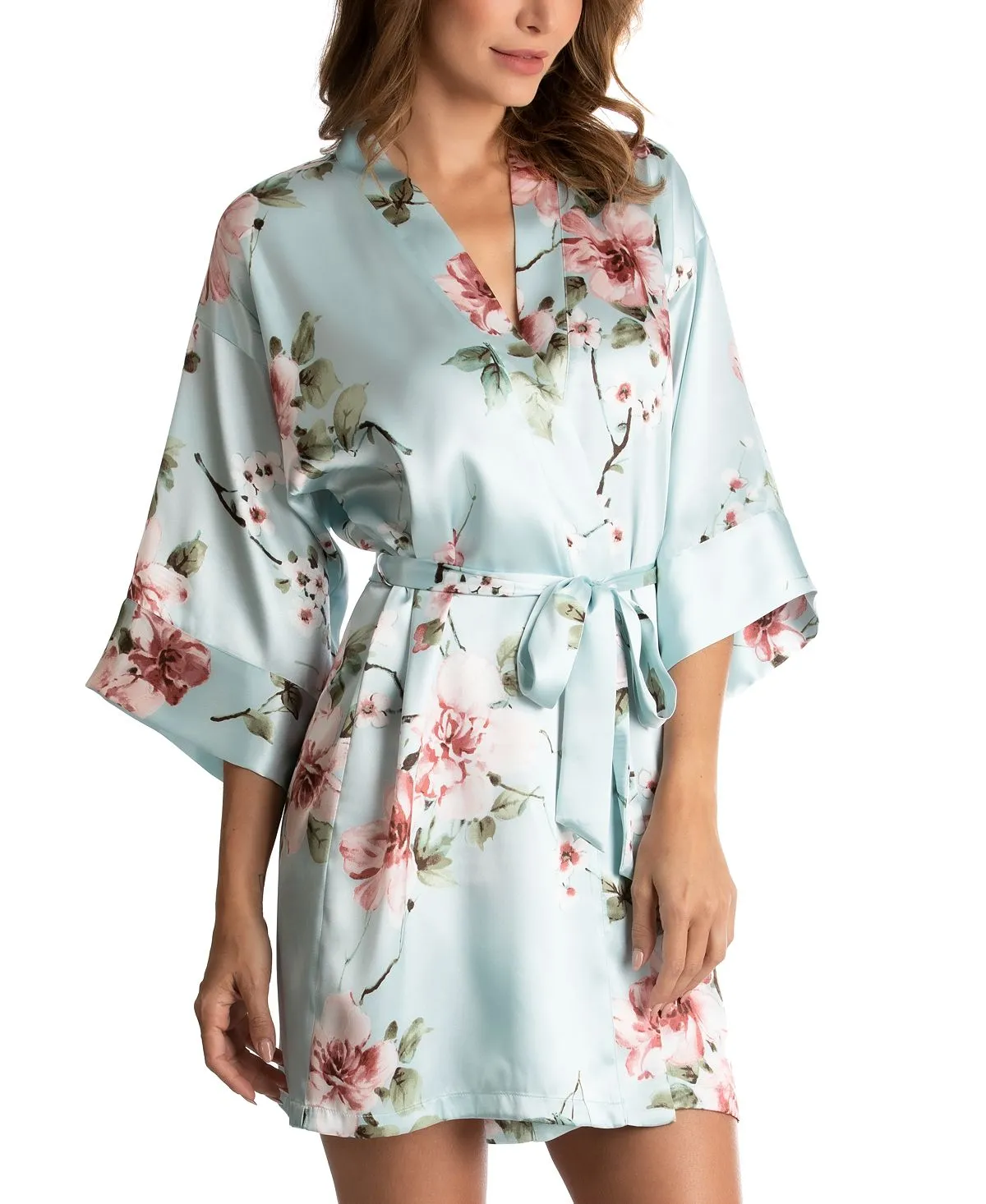 Linea Donatella satin wrap robe with floral print, multi