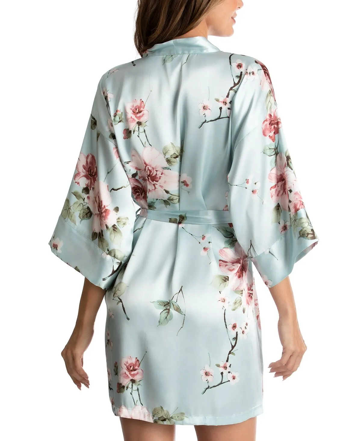 Linea Donatella satin wrap robe with floral print, multi