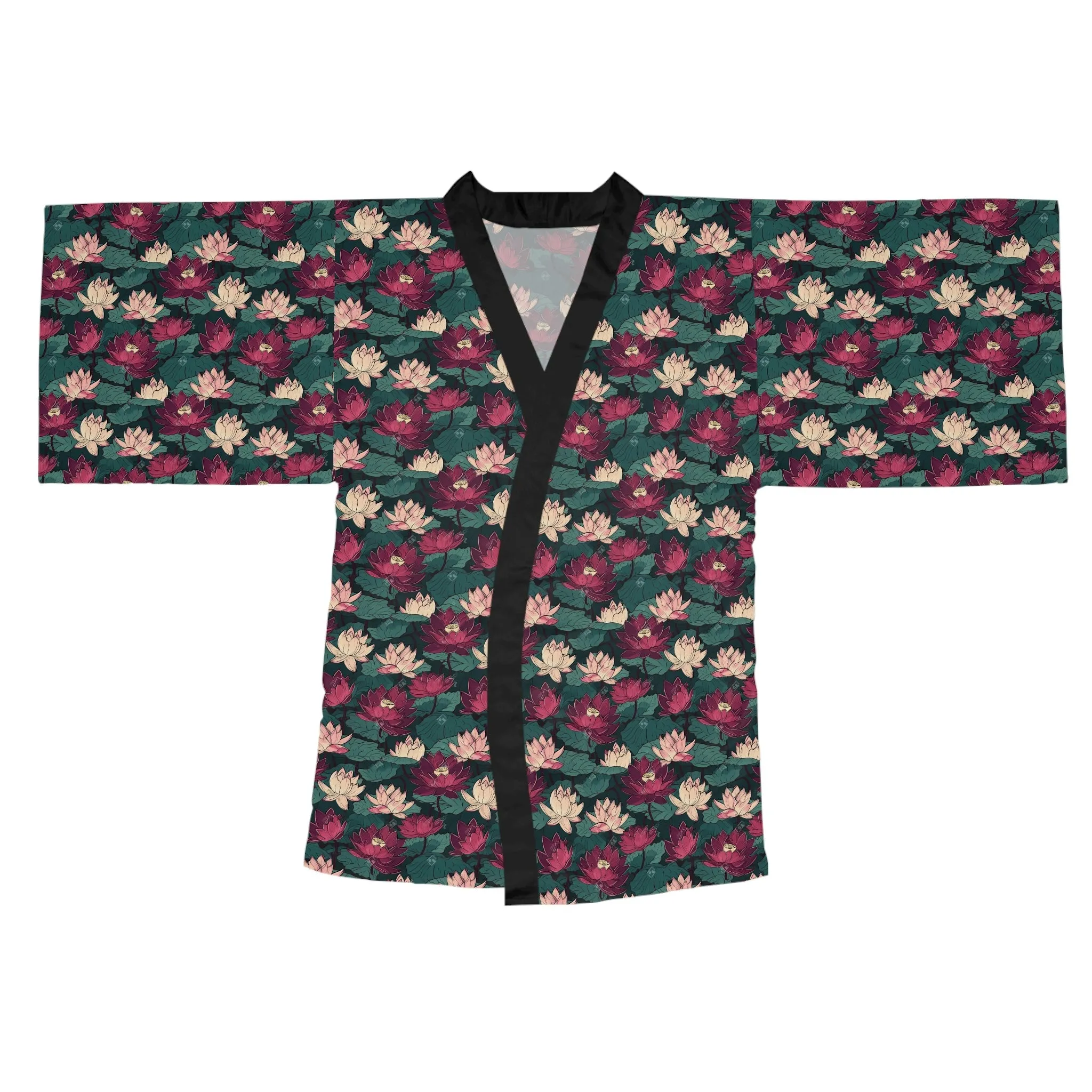 Lotus Flowers with Lily Pads Pattern Long Sleeve Kimono Robe