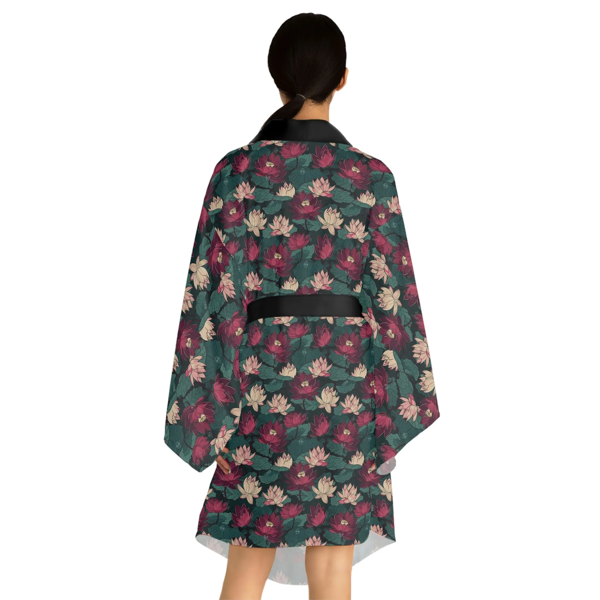 Lotus Flowers with Lily Pads Pattern Long Sleeve Kimono Robe