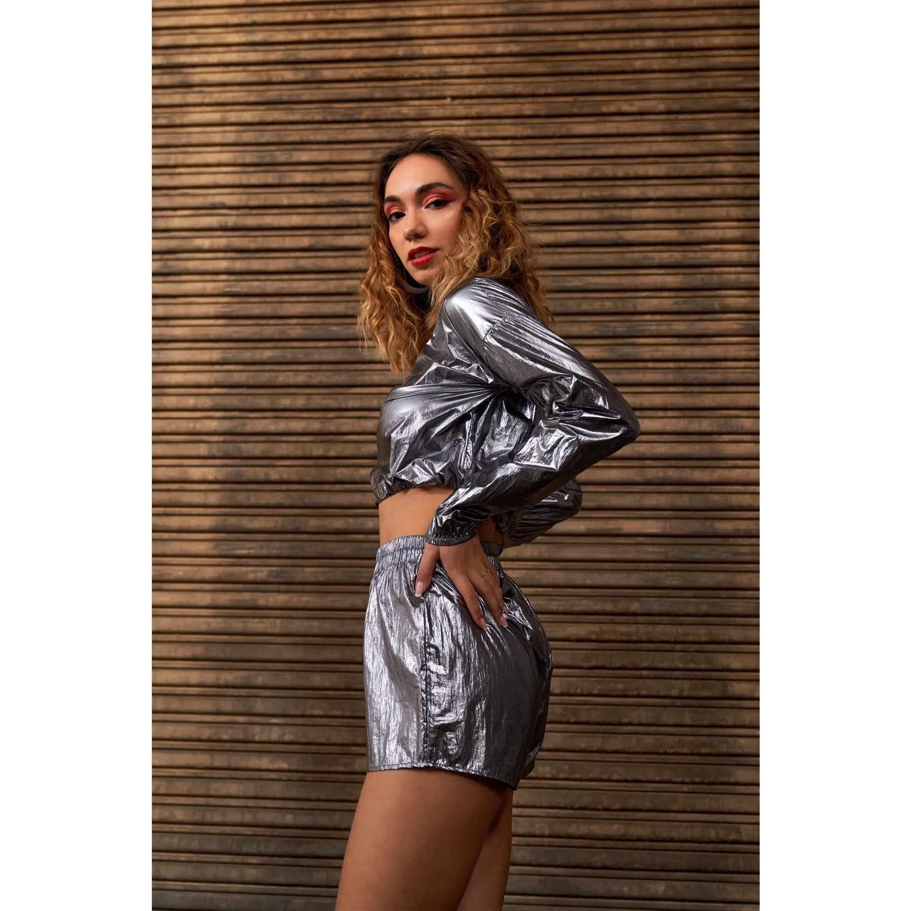 Metallic Lightweight Drawstring Crop Top & Shorts Set