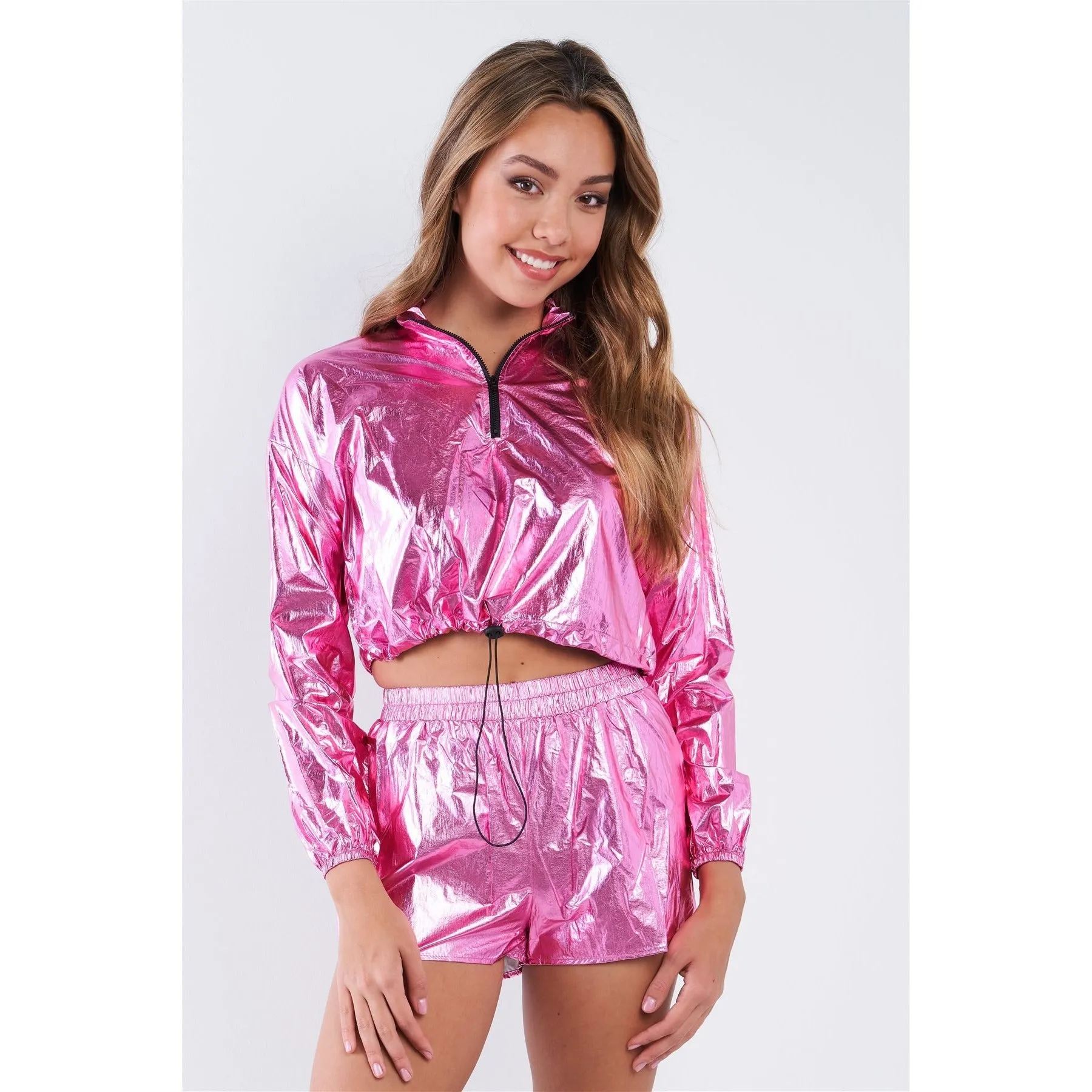 Metallic Lightweight Drawstring Crop Top & Shorts Set