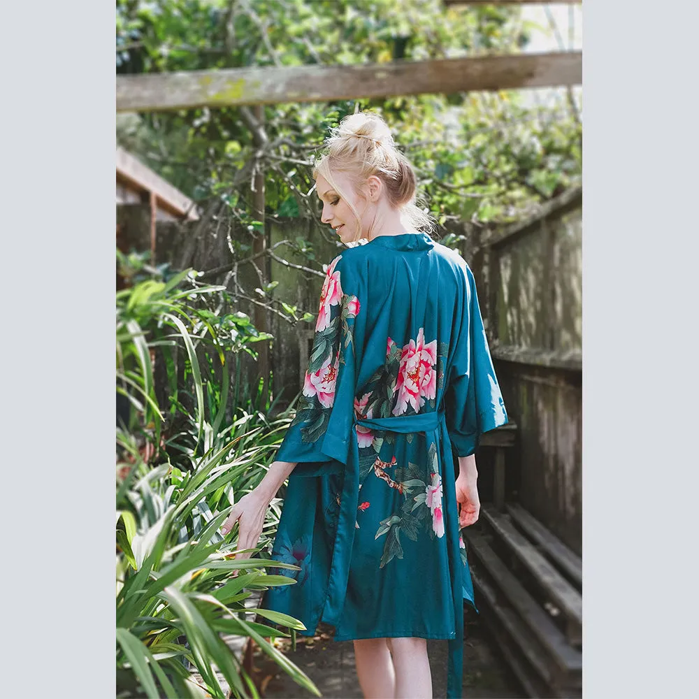 Peony & Bird Short Kimono Robe