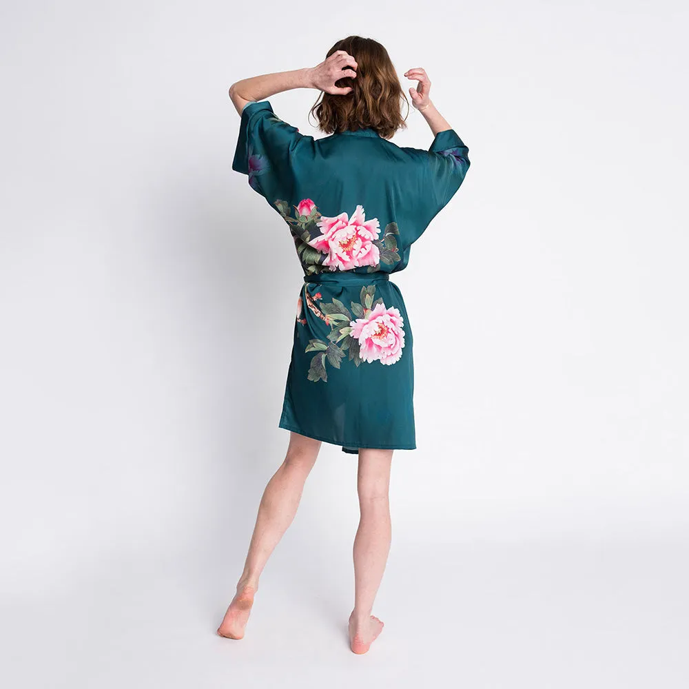 Peony & Bird Short Kimono Robe