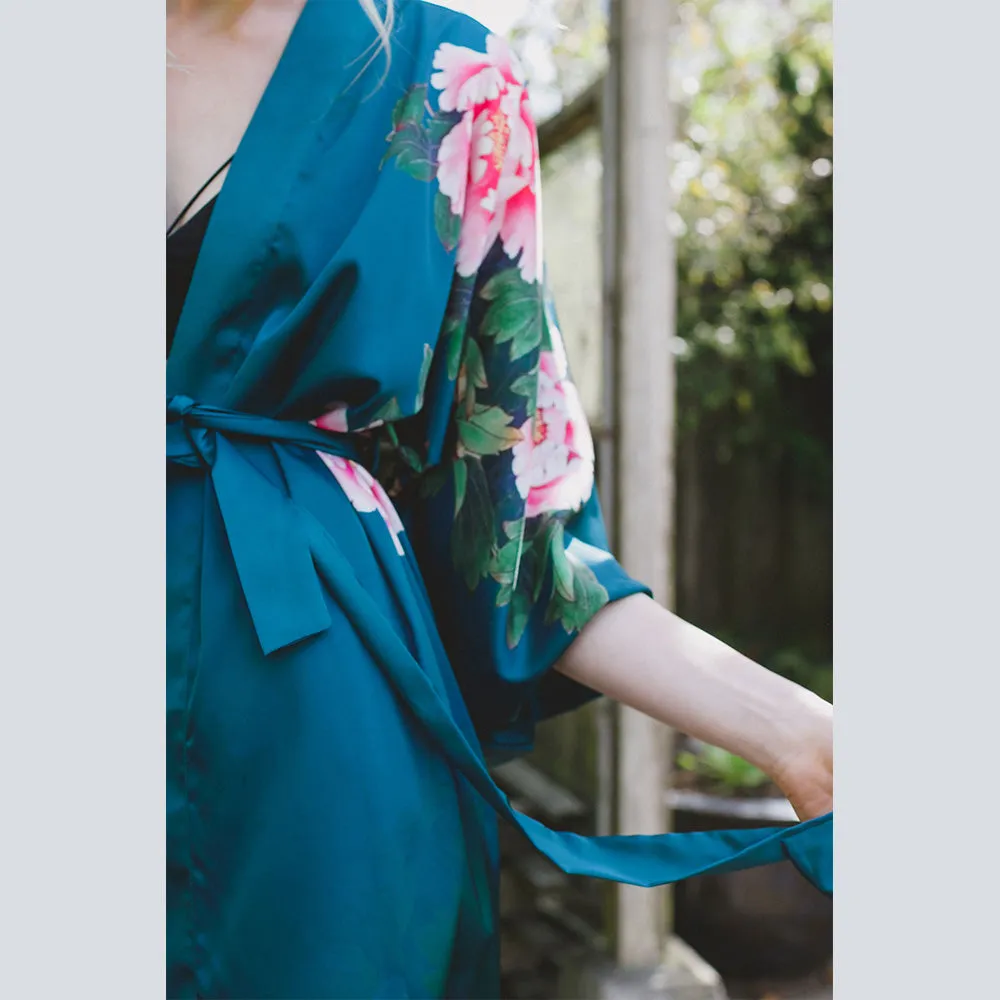 Peony & Bird Short Kimono Robe