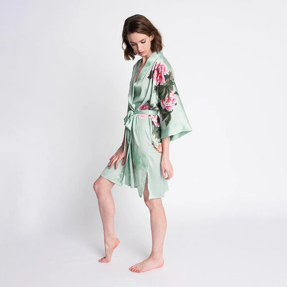 Peony & Bird Short Kimono Robe