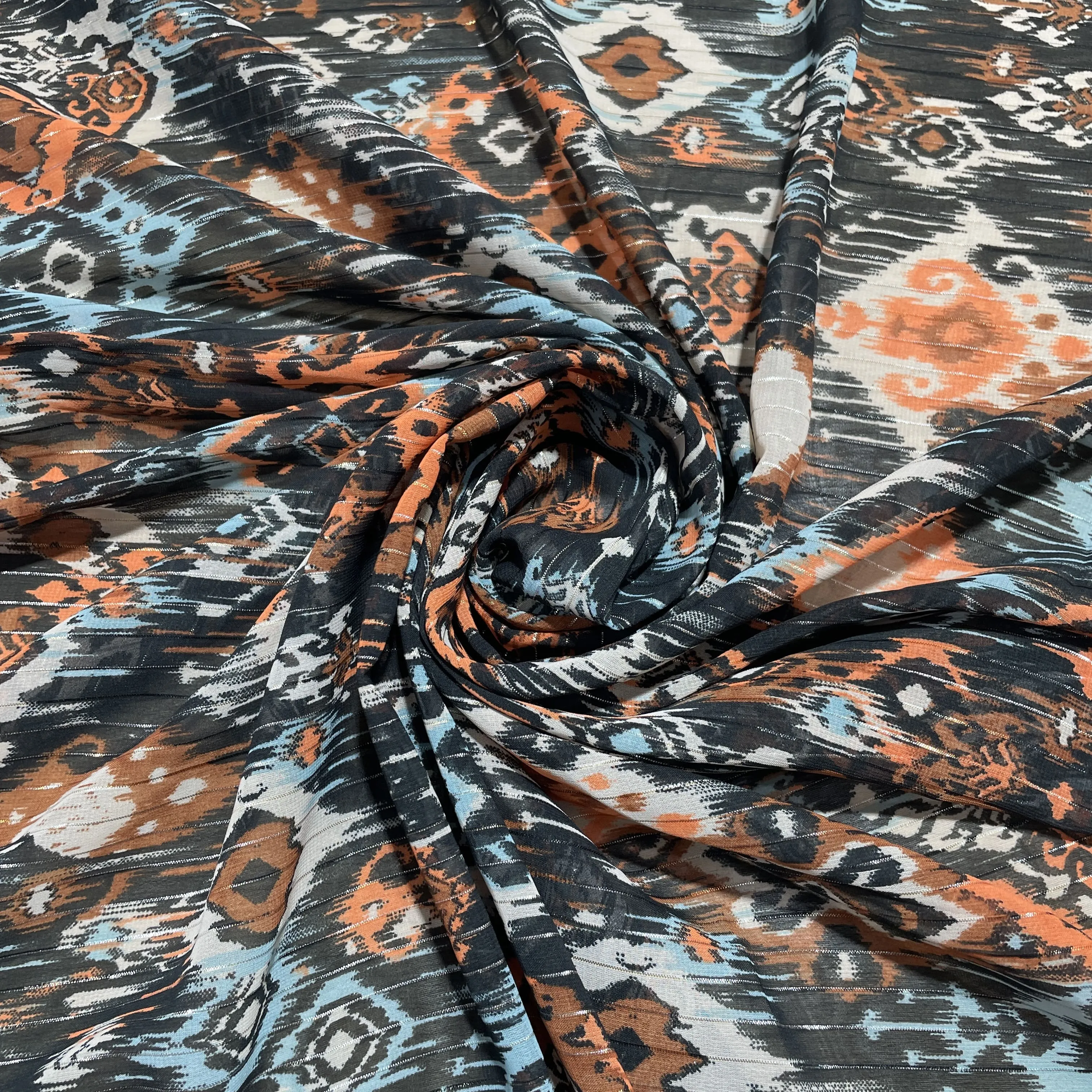 Premium Orangee Black Ikkat Print Chiffon Fabric