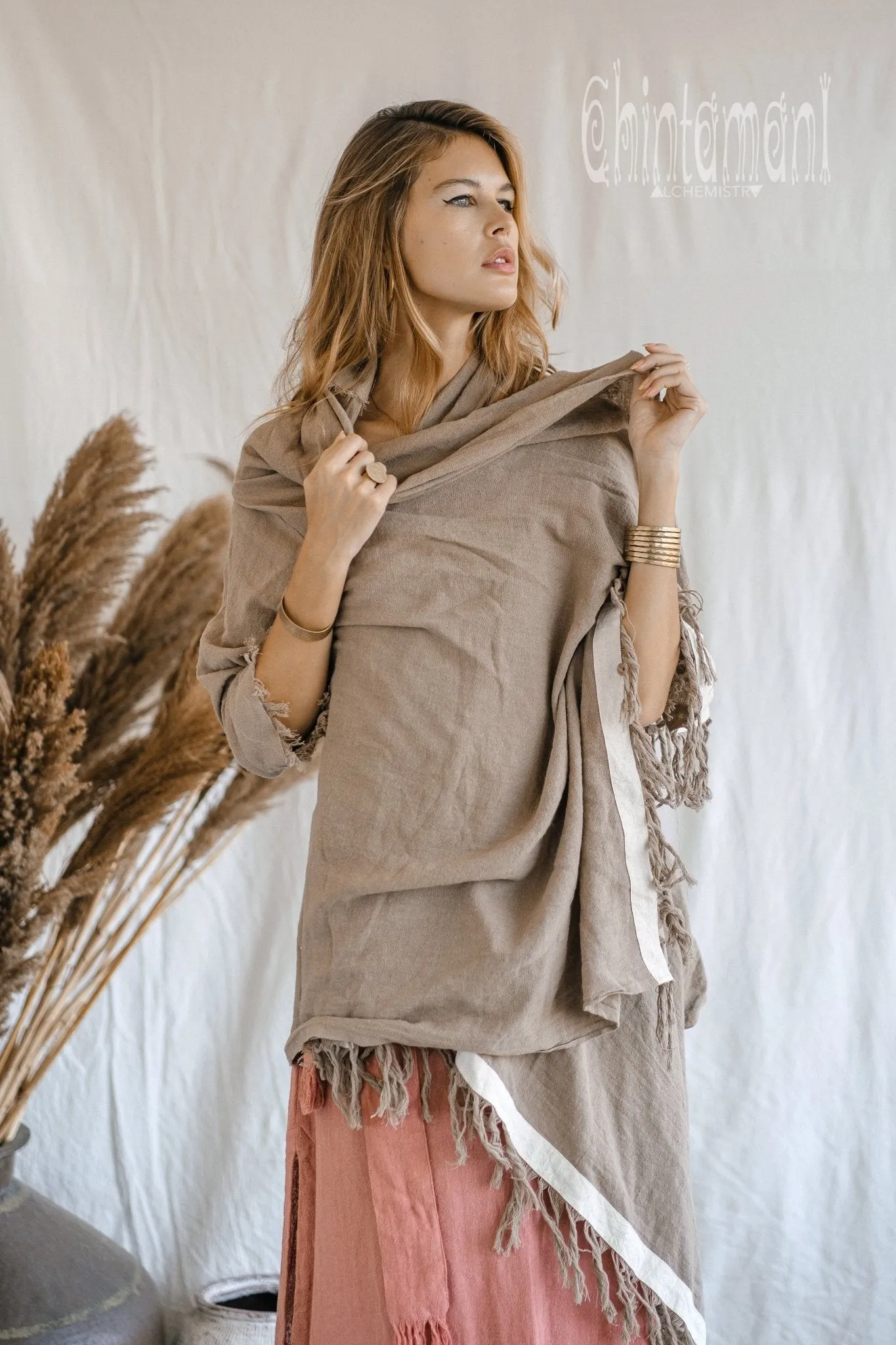 Raw Cotton Sleeves Shawl Cardigan / Boho Wrap Cloak / Coffee