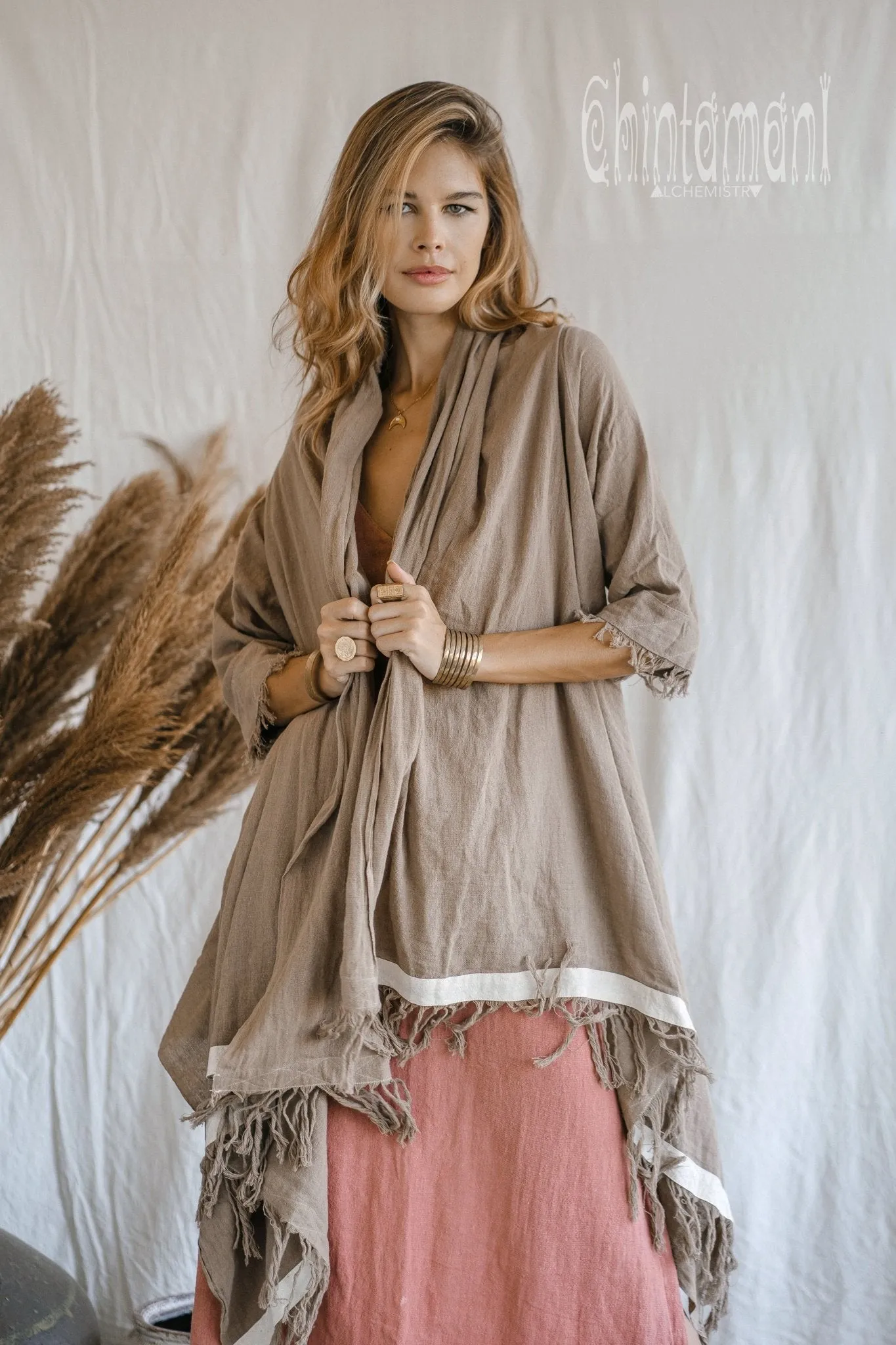 Raw Cotton Sleeves Shawl Cardigan / Boho Wrap Cloak / Coffee