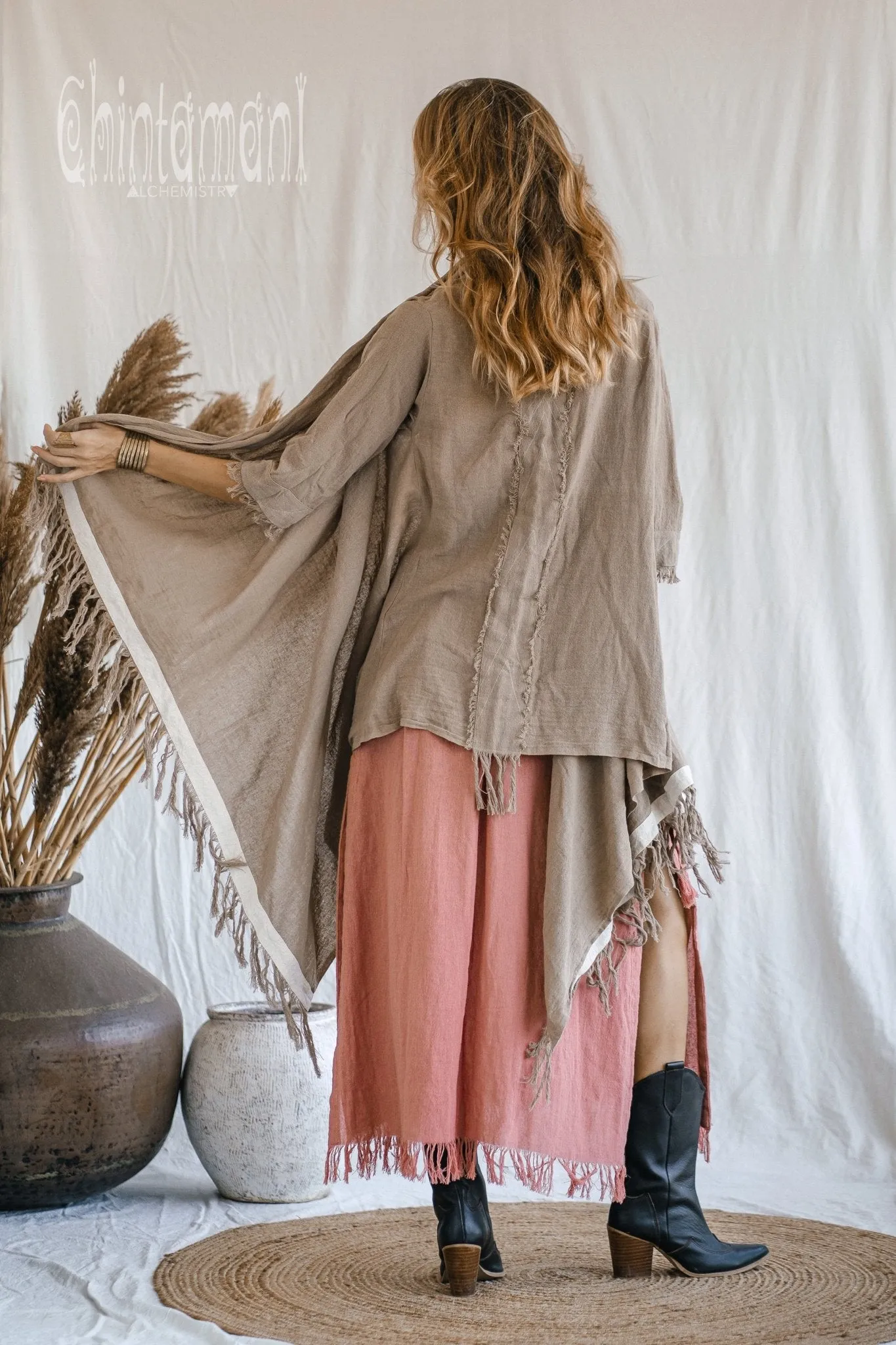 Raw Cotton Sleeves Shawl Cardigan / Boho Wrap Cloak / Coffee