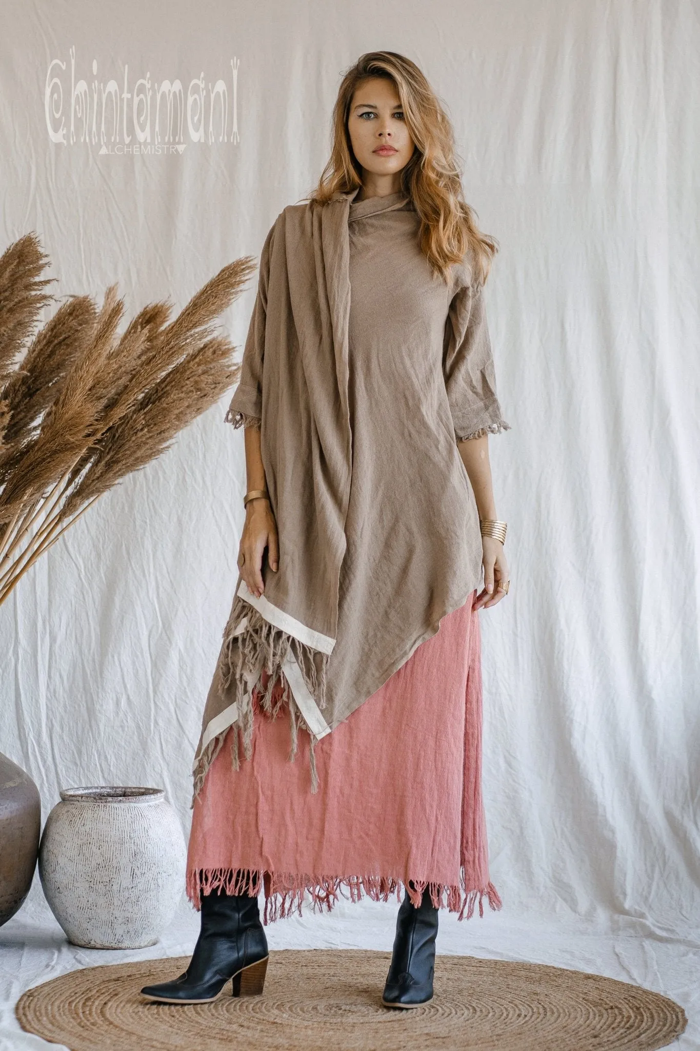 Raw Cotton Sleeves Shawl Cardigan / Boho Wrap Cloak / Coffee