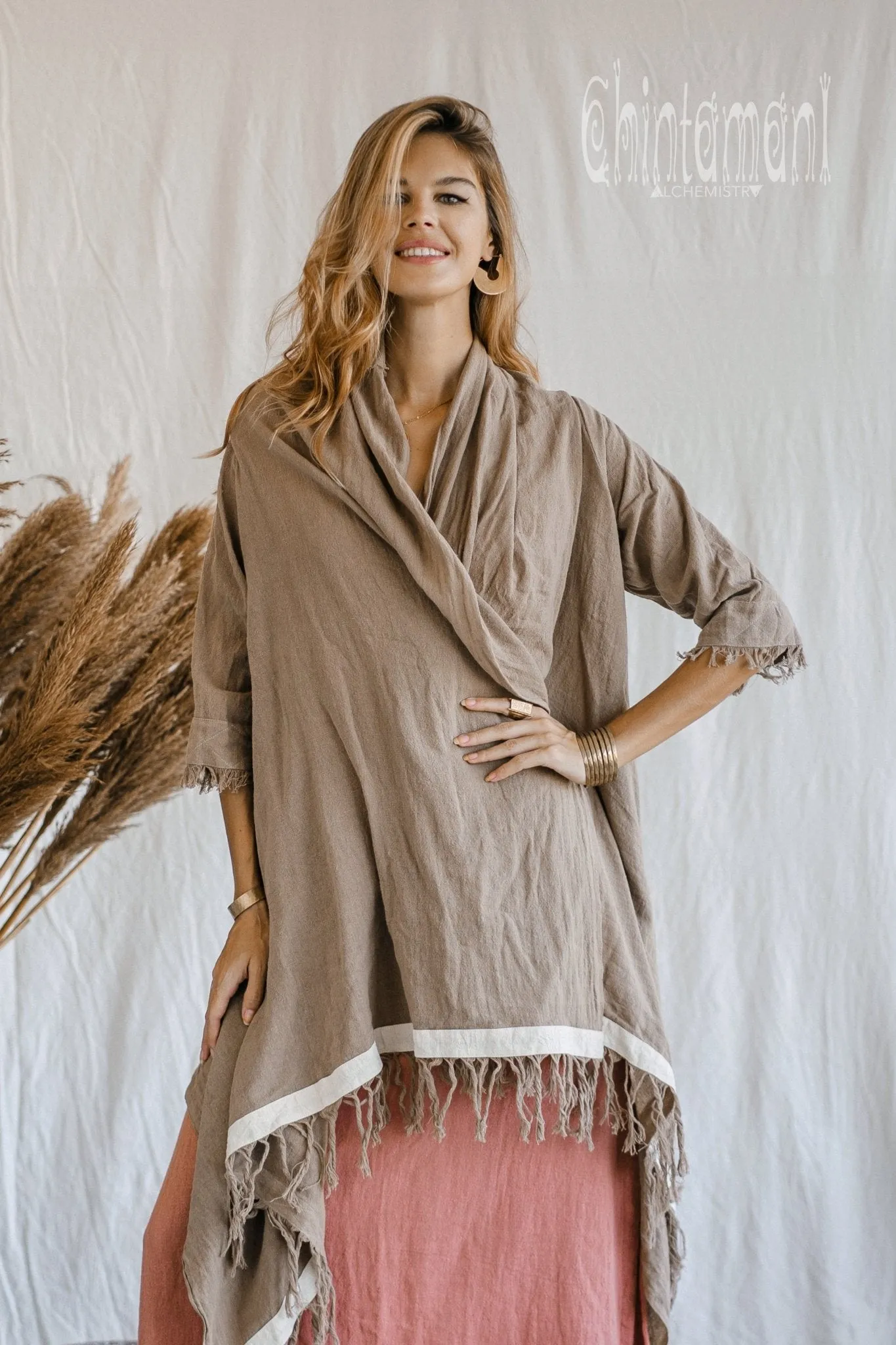 Raw Cotton Sleeves Shawl Cardigan / Boho Wrap Cloak / Coffee