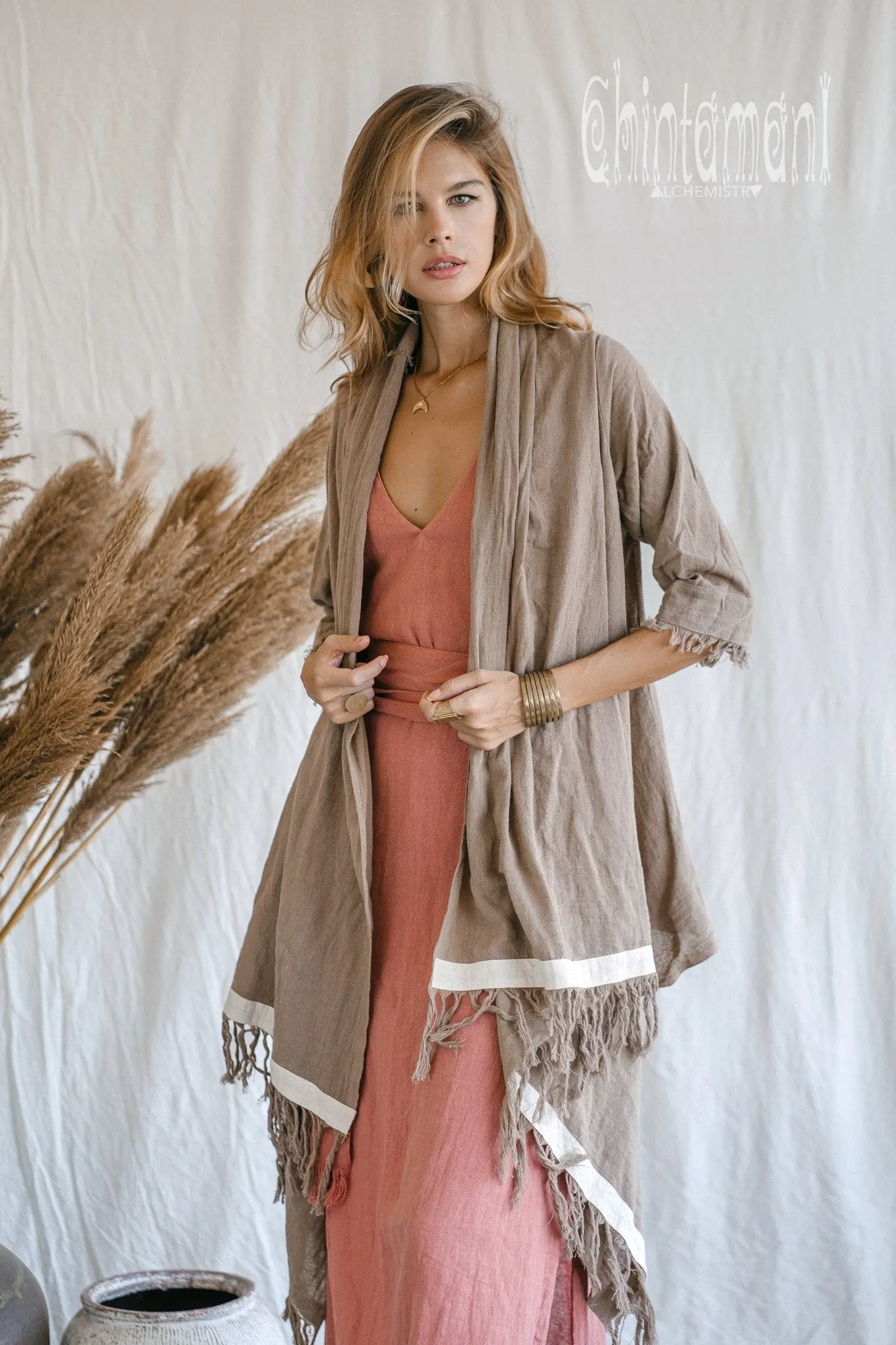 Raw Cotton Sleeves Shawl Cardigan / Boho Wrap Cloak / Coffee