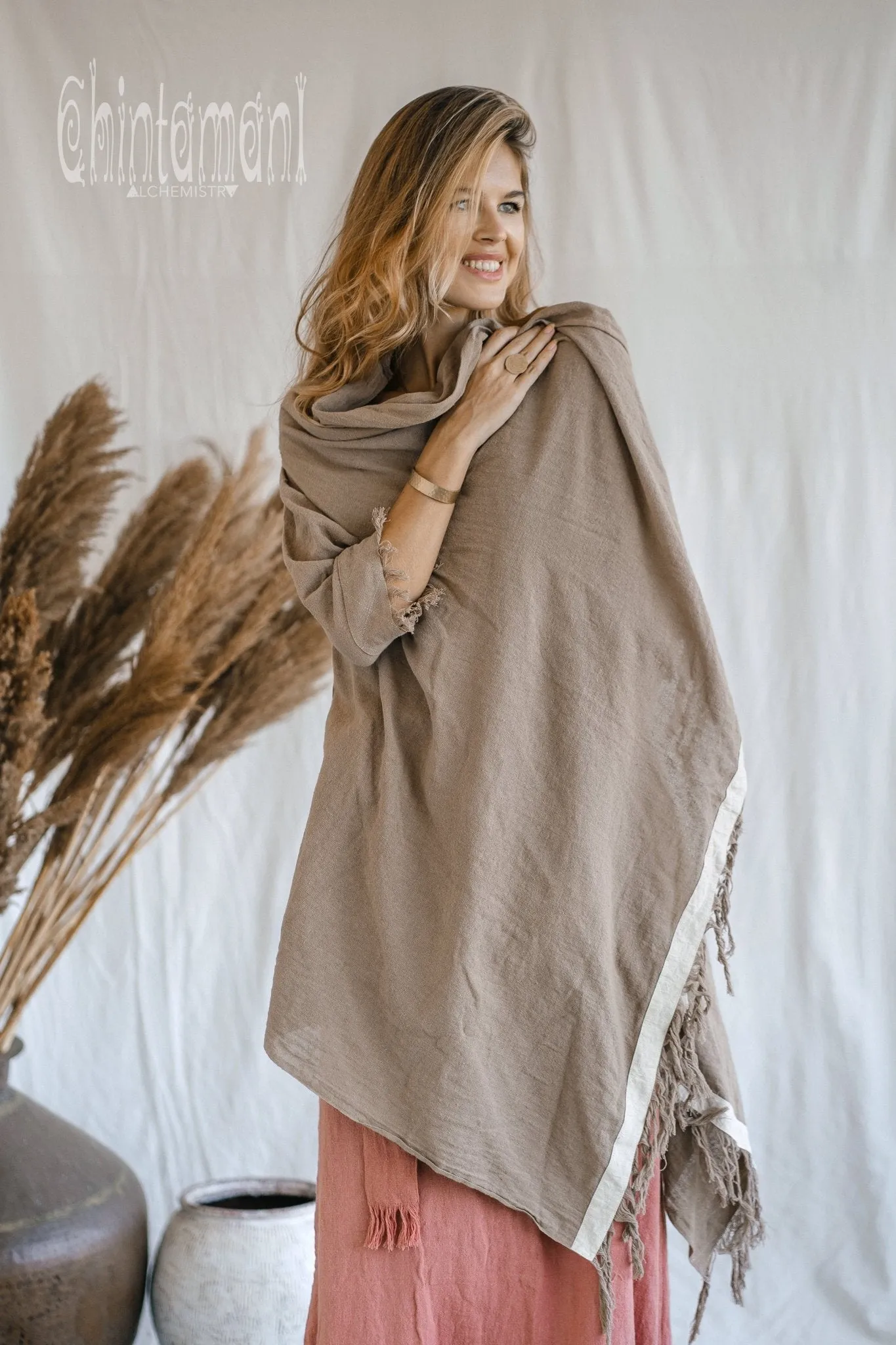 Raw Cotton Sleeves Shawl Cardigan / Boho Wrap Cloak / Coffee