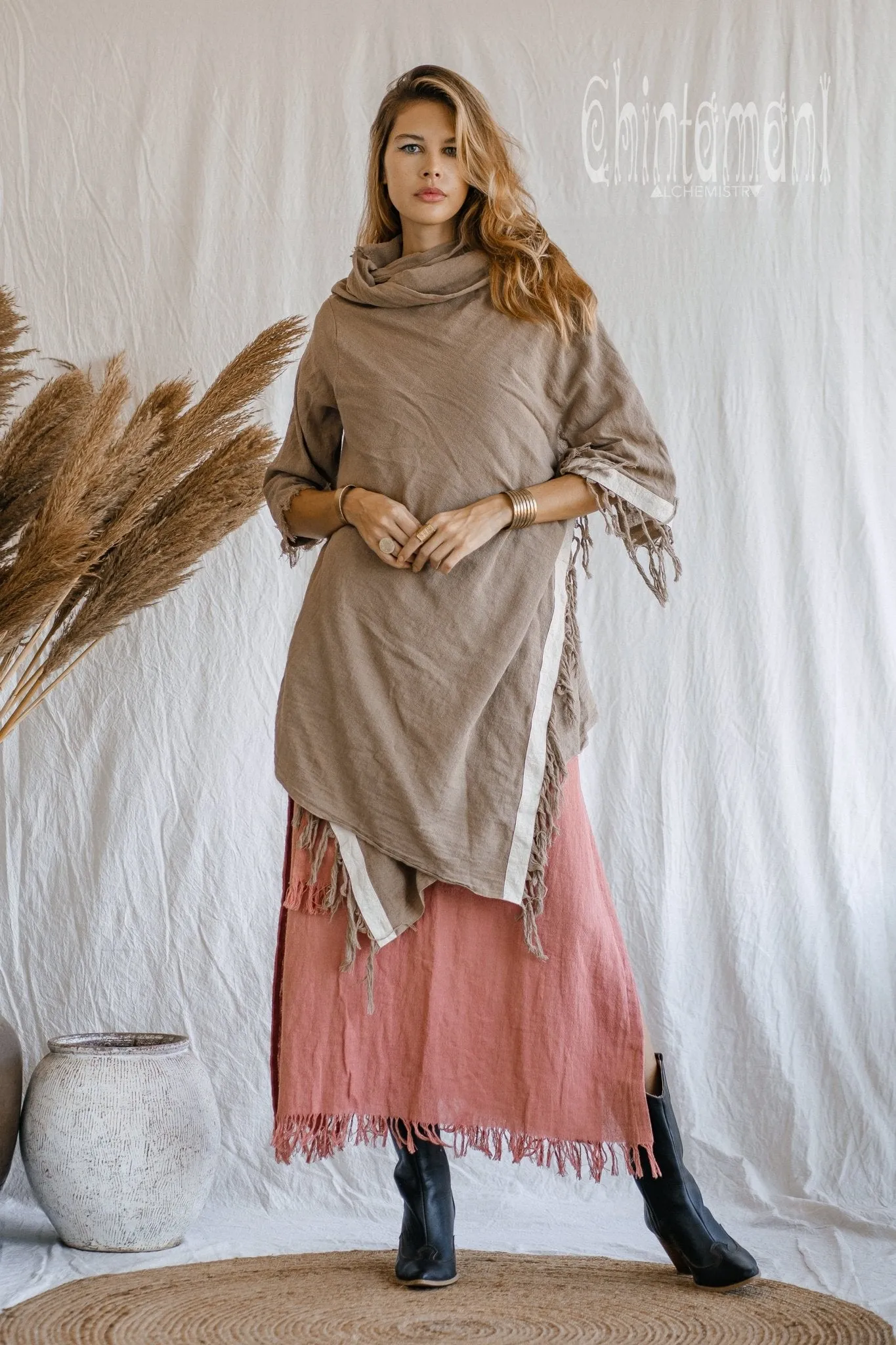 Raw Cotton Sleeves Shawl Cardigan / Boho Wrap Cloak / Coffee