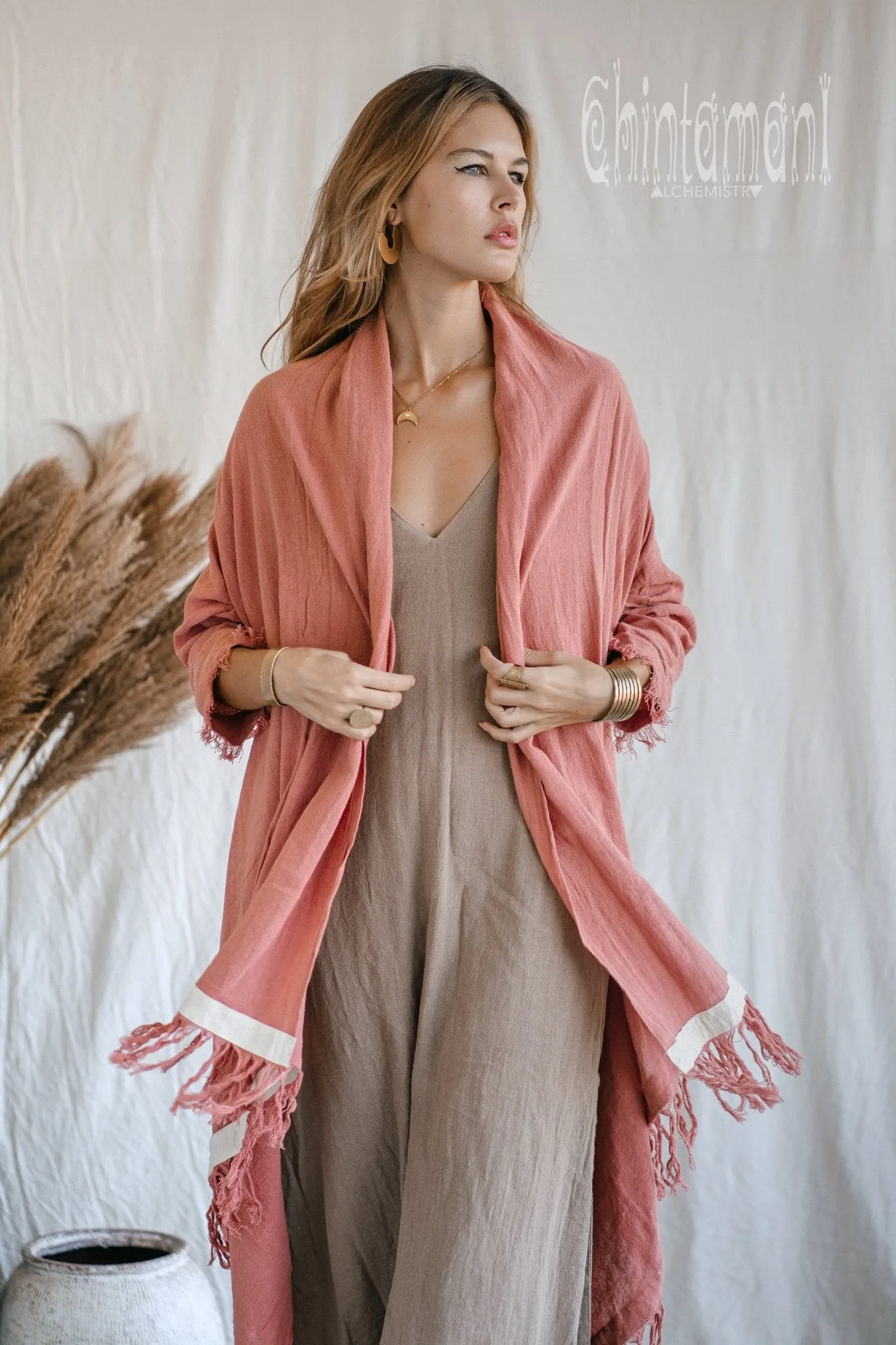 Raw Cotton Sleeves Shawl Cardigan / Boho Wrap Cloak / Pink