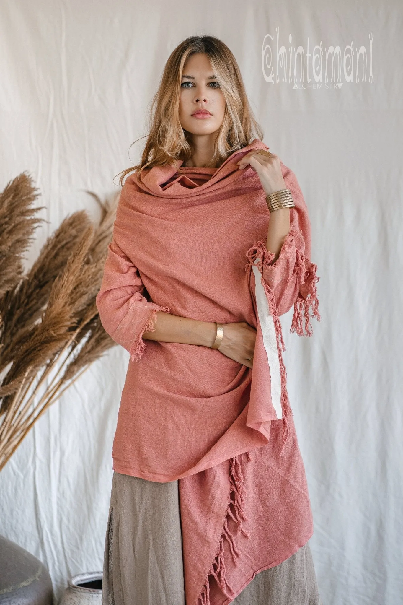 Raw Cotton Sleeves Shawl Cardigan / Boho Wrap Cloak / Pink