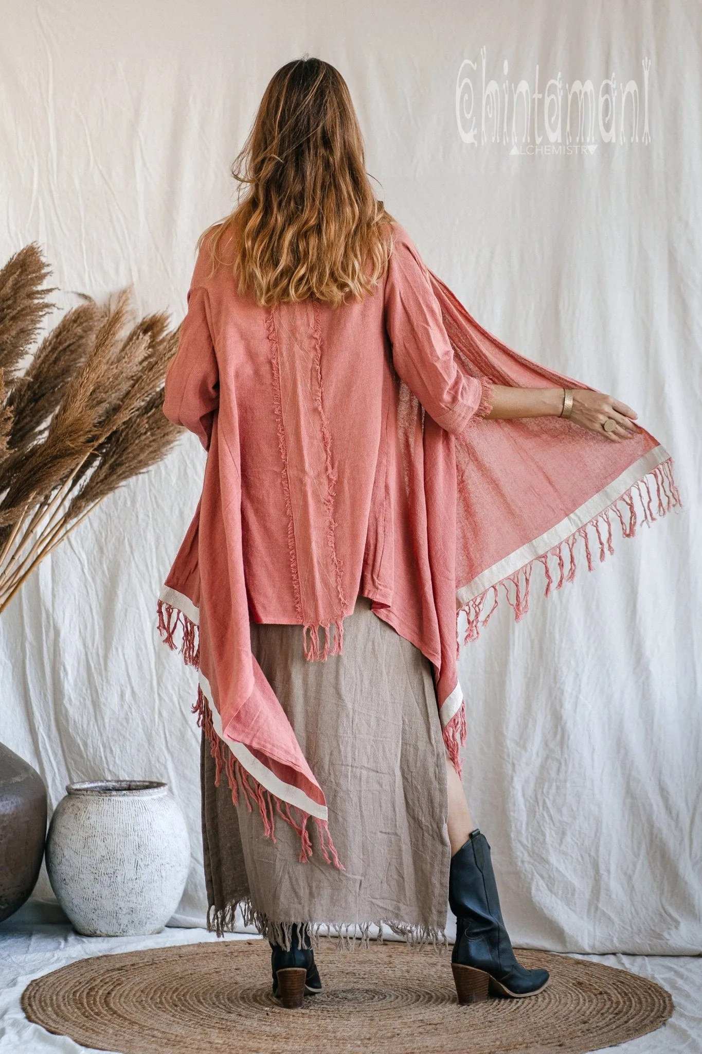 Raw Cotton Sleeves Shawl Cardigan / Boho Wrap Cloak / Pink