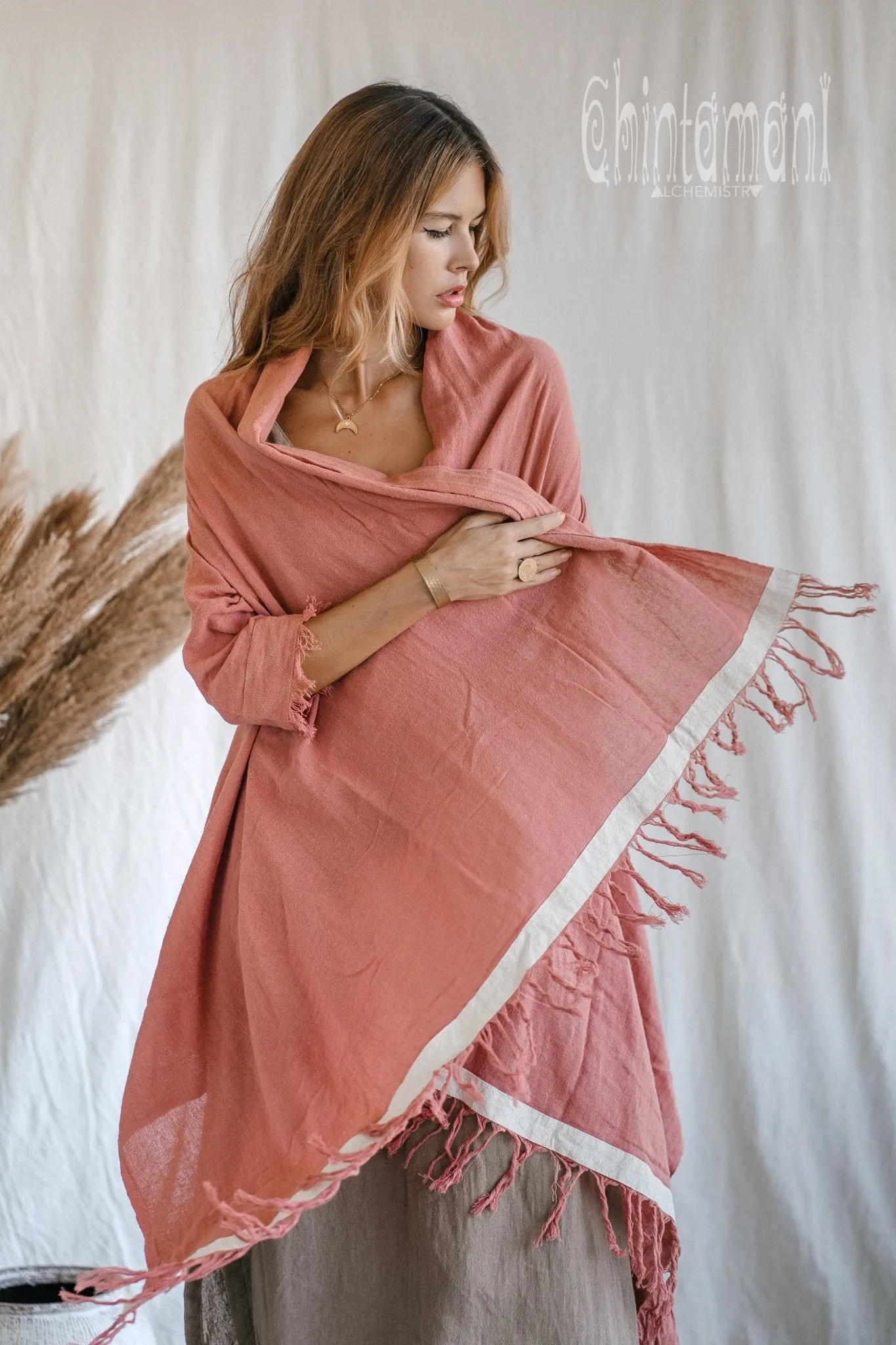 Raw Cotton Sleeves Shawl Cardigan / Boho Wrap Cloak / Pink