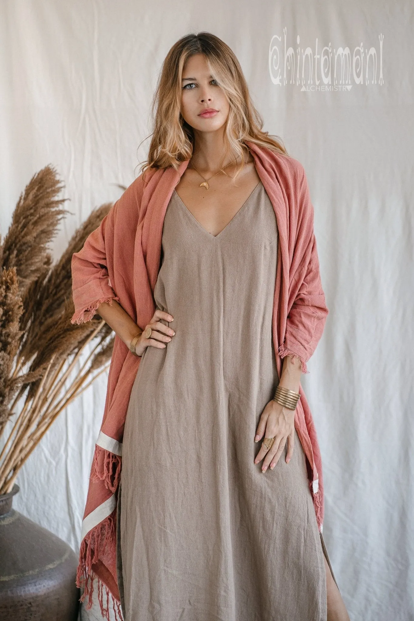 Raw Cotton Sleeves Shawl Cardigan / Boho Wrap Cloak / Pink