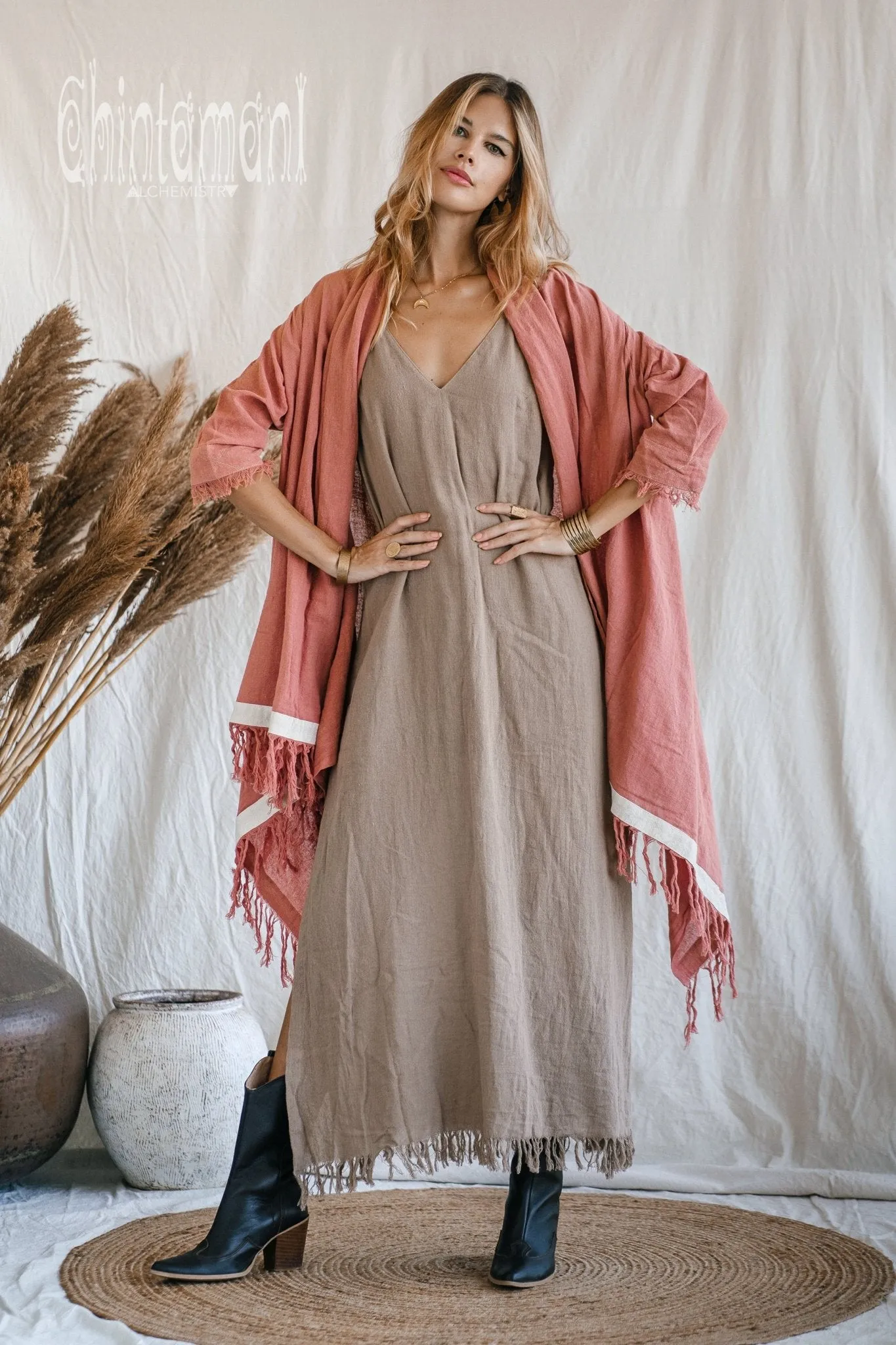 Raw Cotton Sleeves Shawl Cardigan / Boho Wrap Cloak / Pink