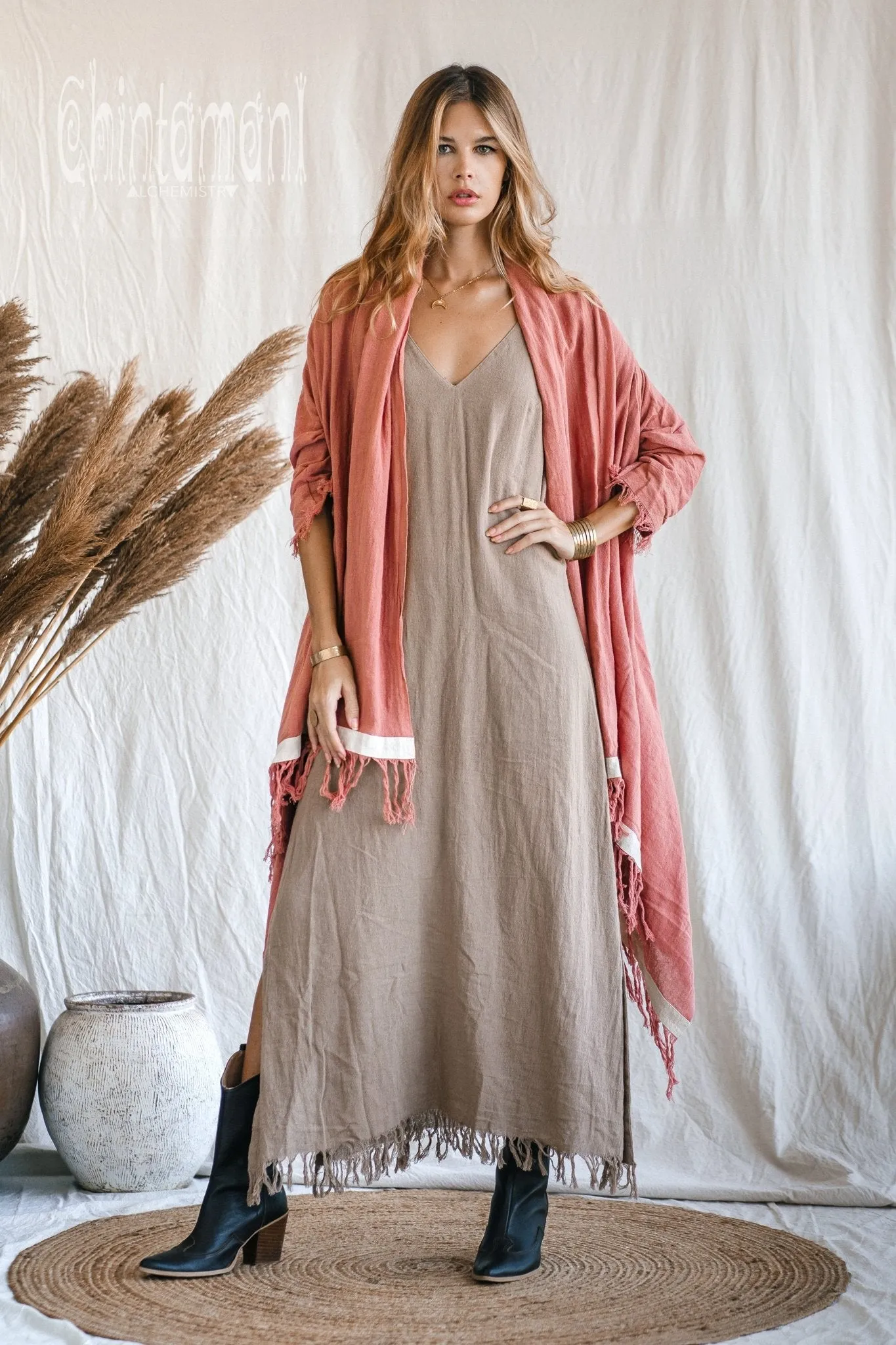 Raw Cotton Sleeves Shawl Cardigan / Boho Wrap Cloak / Pink