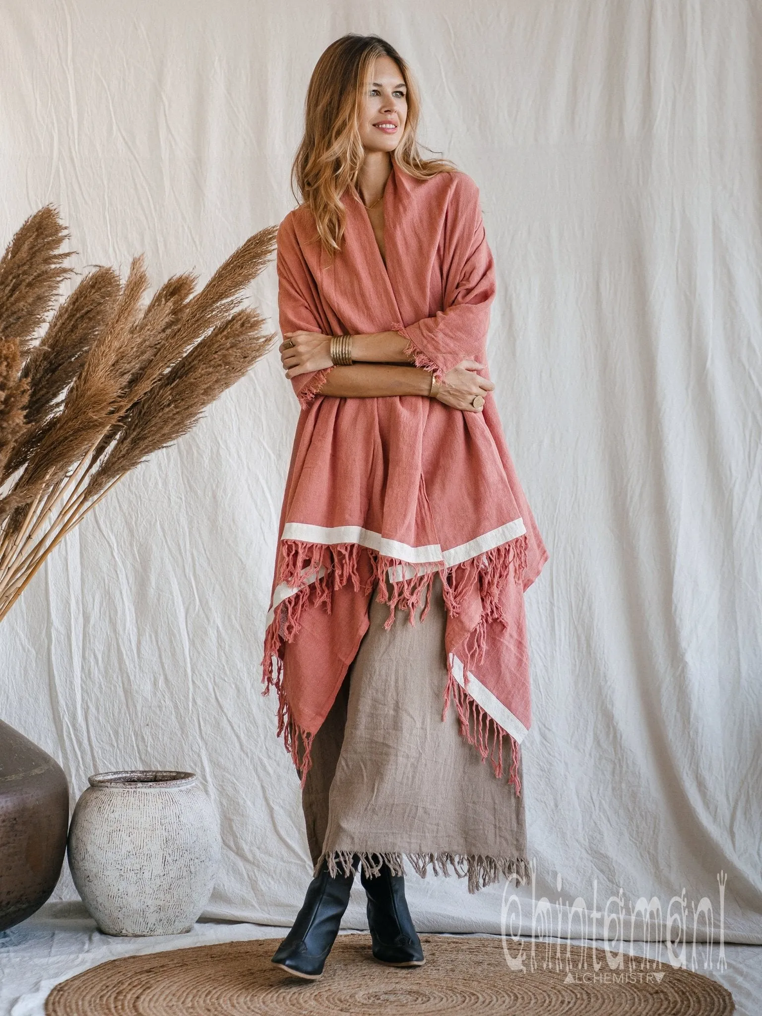 Raw Cotton Sleeves Shawl Cardigan / Boho Wrap Cloak / Pink