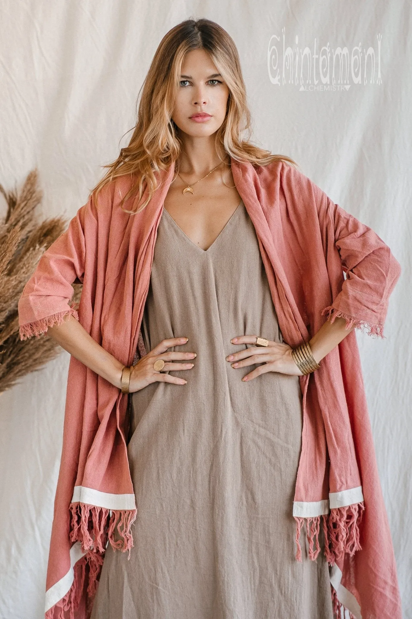 Raw Cotton Sleeves Shawl Cardigan / Boho Wrap Cloak / Pink