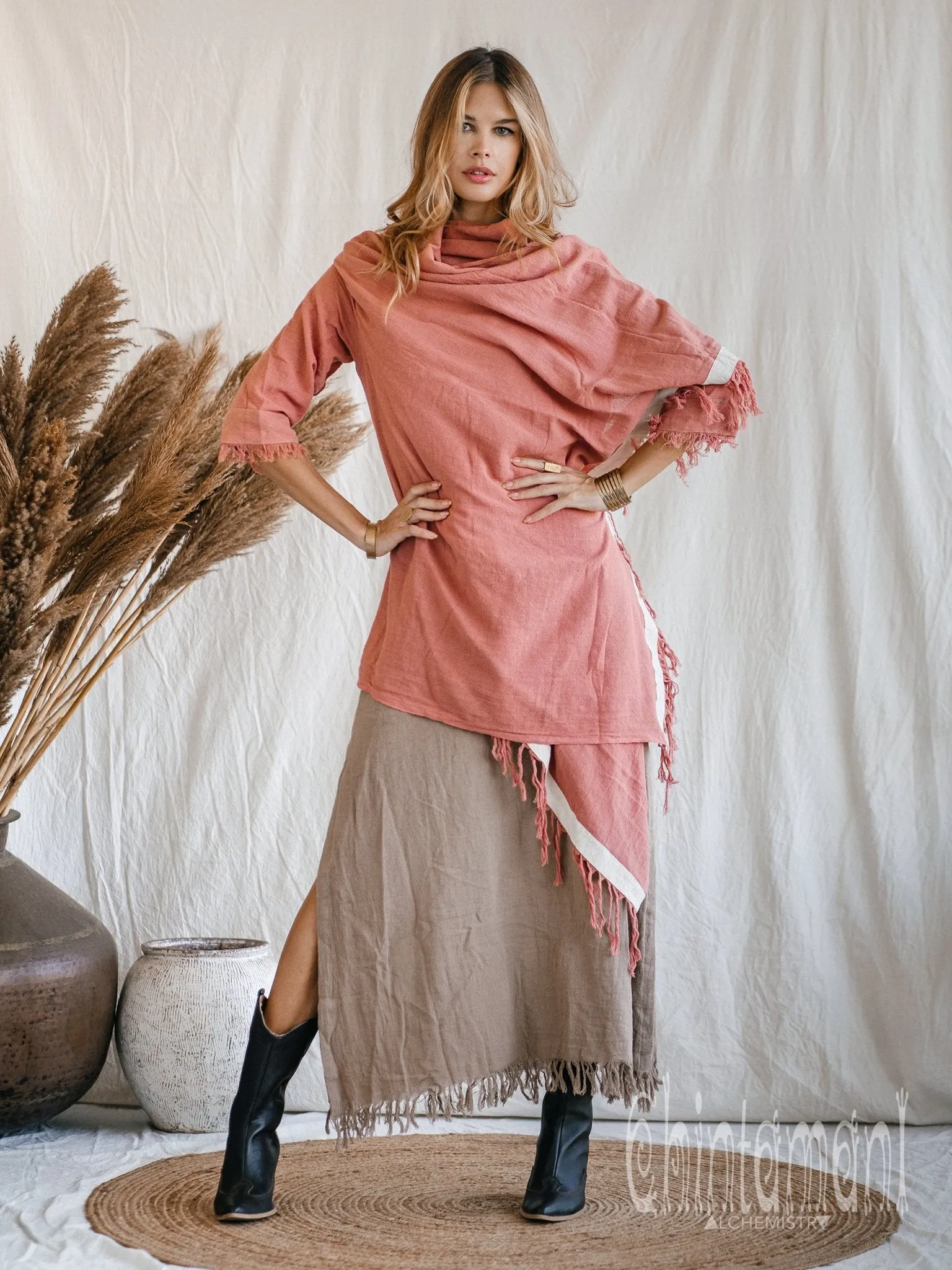 Raw Cotton Sleeves Shawl Cardigan / Boho Wrap Cloak / Pink