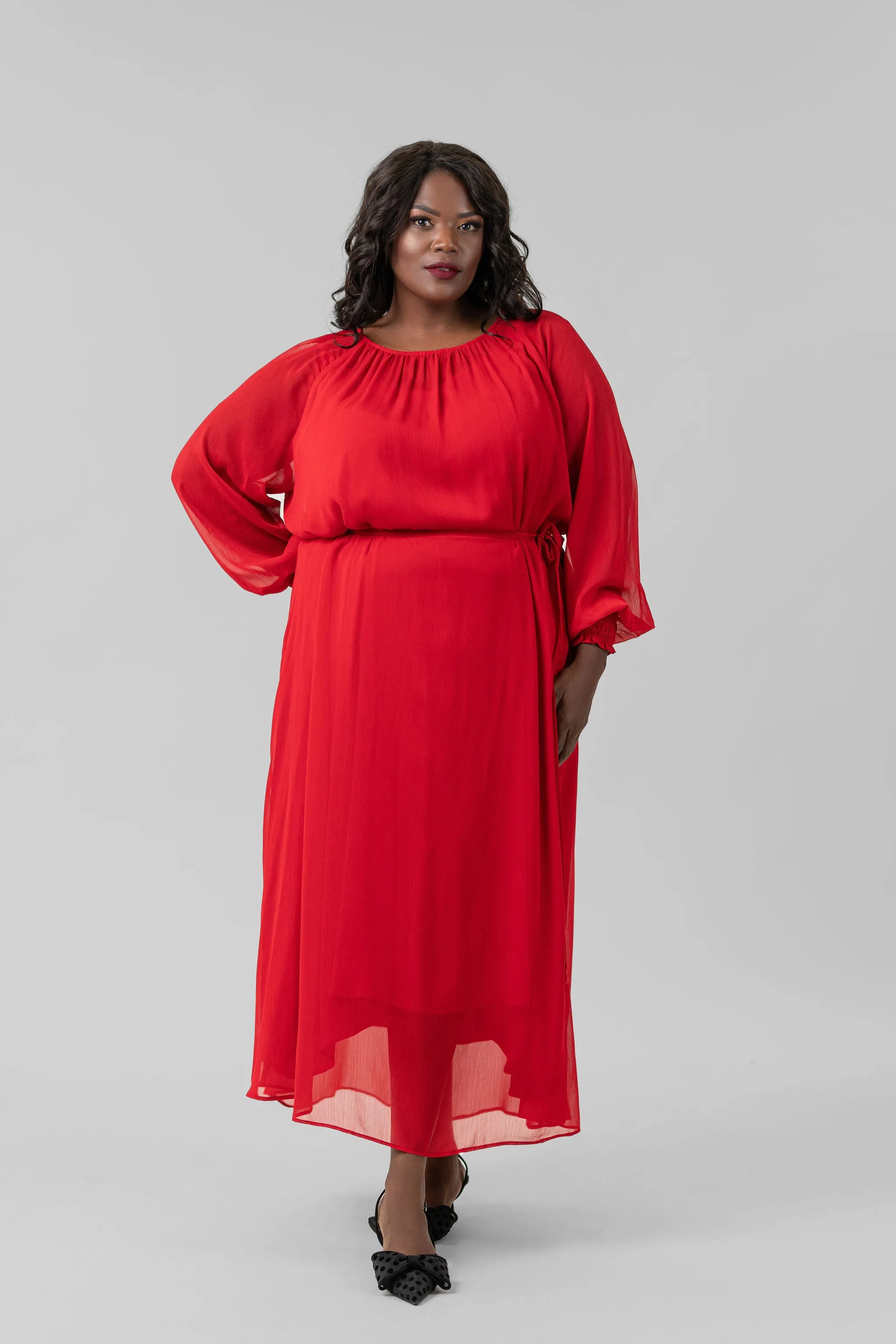 RED LONG SLEEVE GEORGETTE DRESS