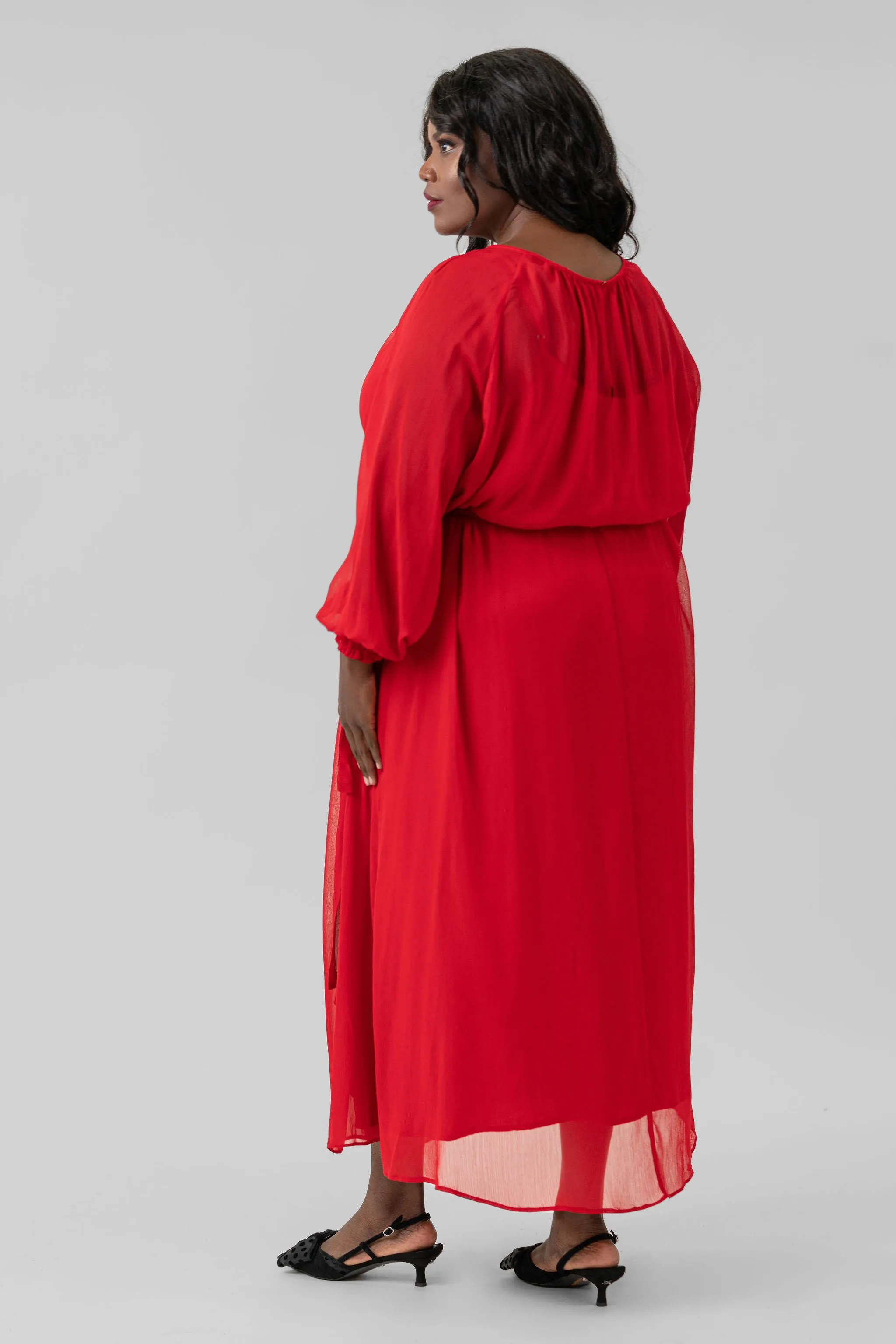 RED LONG SLEEVE GEORGETTE DRESS