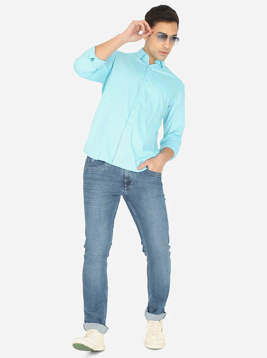 Riveu Blue Solid Slim Fit Casual Shirt | JadeBlue