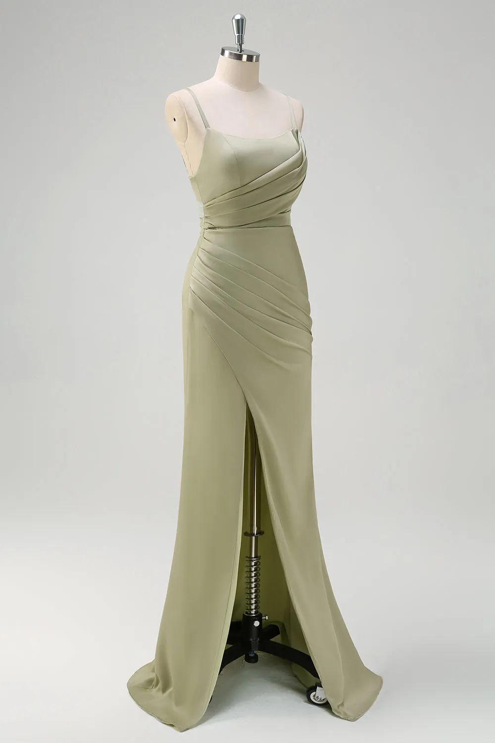 Sage Mermaid Pleated Bridesmaid Dress with Slit