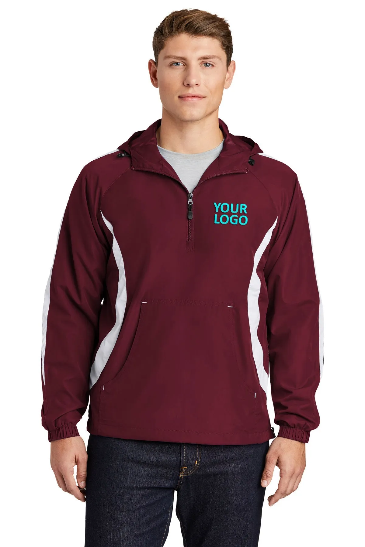 Sport-Tek Colorblock Raglan Custom Anorak Jackets, Maroon/White