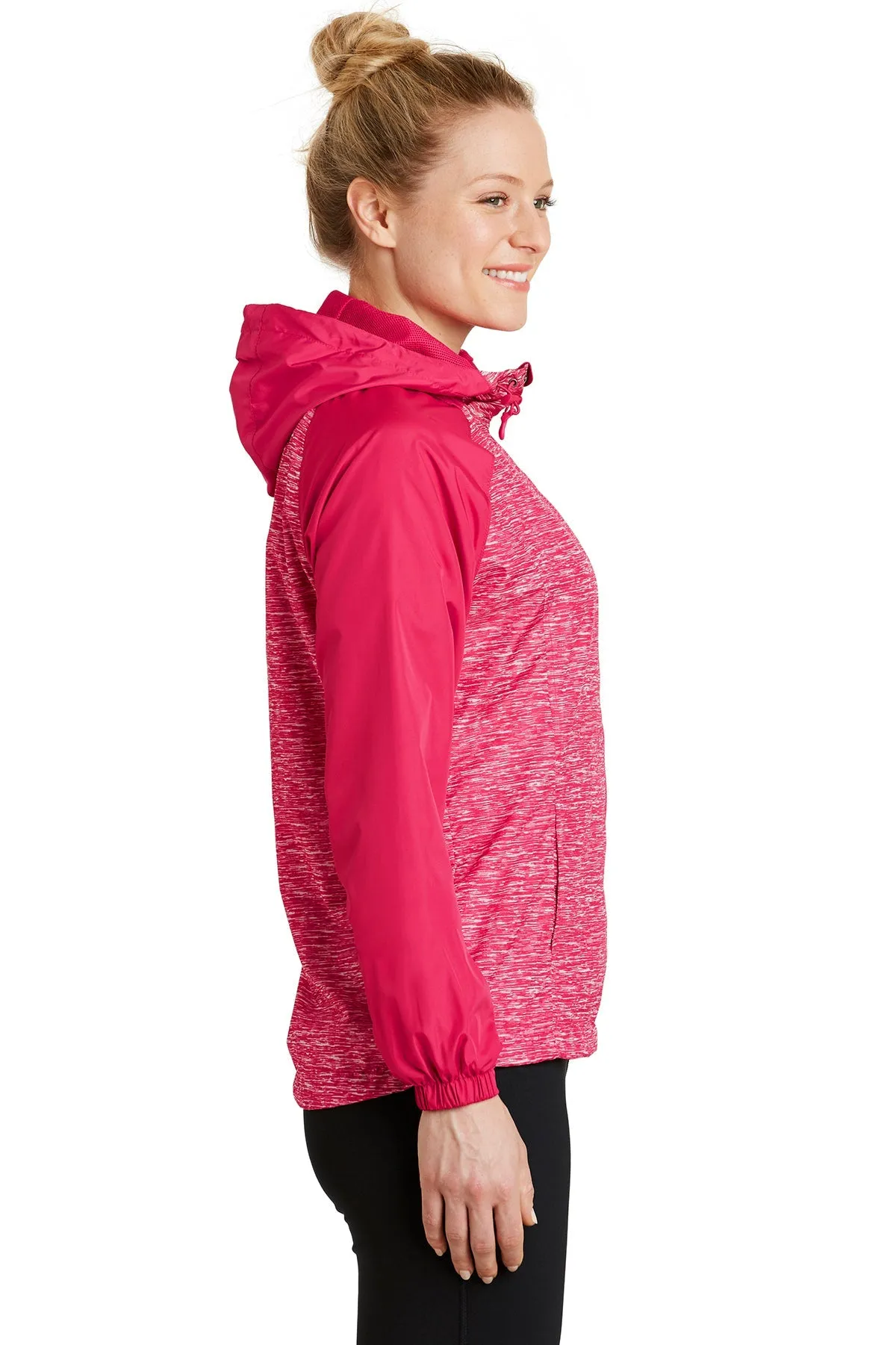 Sport-Tek Ladies Heather Colorblock Customized Raglan Hooded Wind Jackets, Pink Raspberry Heather/ Pink Raspberry