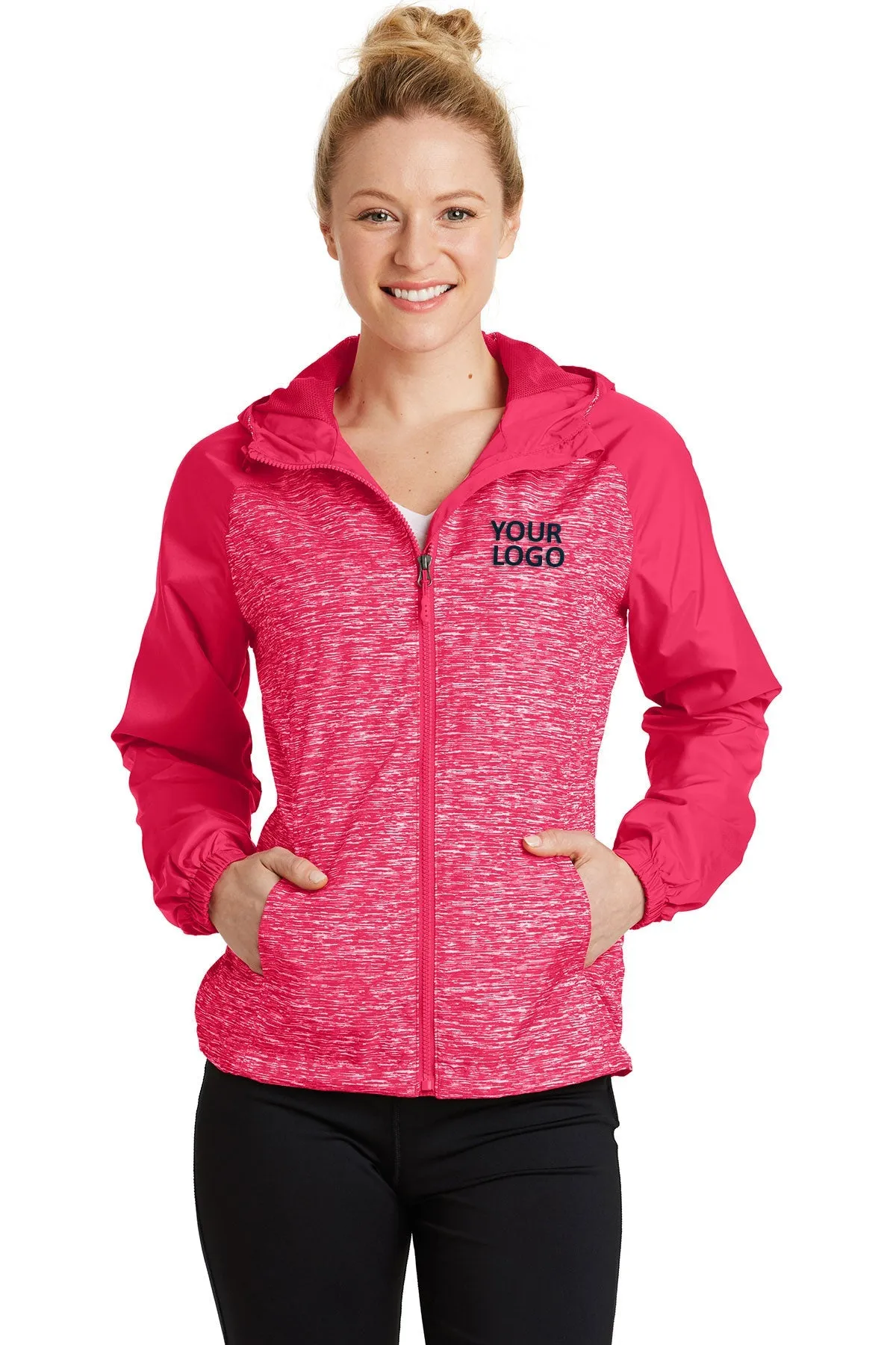 Sport-Tek Ladies Heather Colorblock Customized Raglan Hooded Wind Jackets, Pink Raspberry Heather/ Pink Raspberry