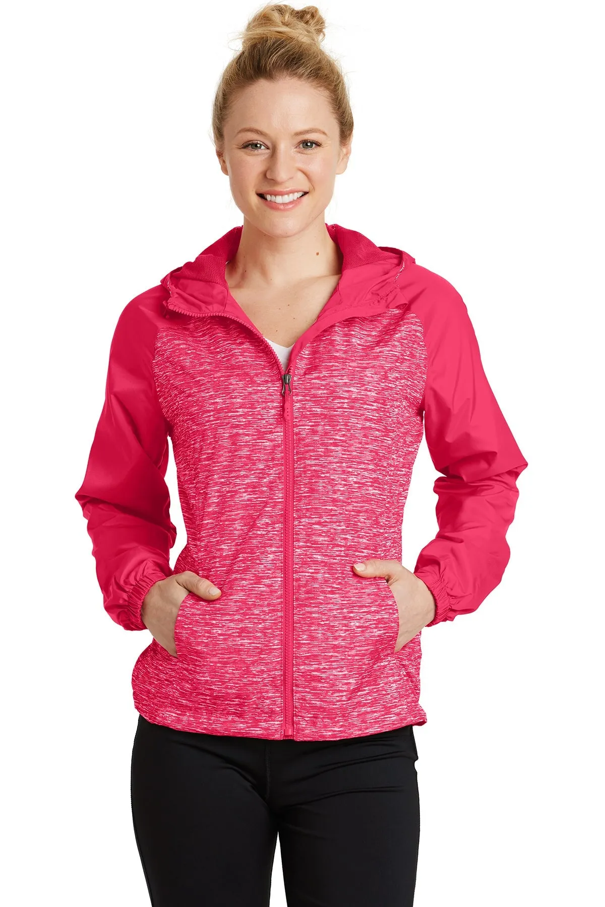 Sport-Tek Ladies Heather Colorblock Customized Raglan Hooded Wind Jackets, Pink Raspberry Heather/ Pink Raspberry