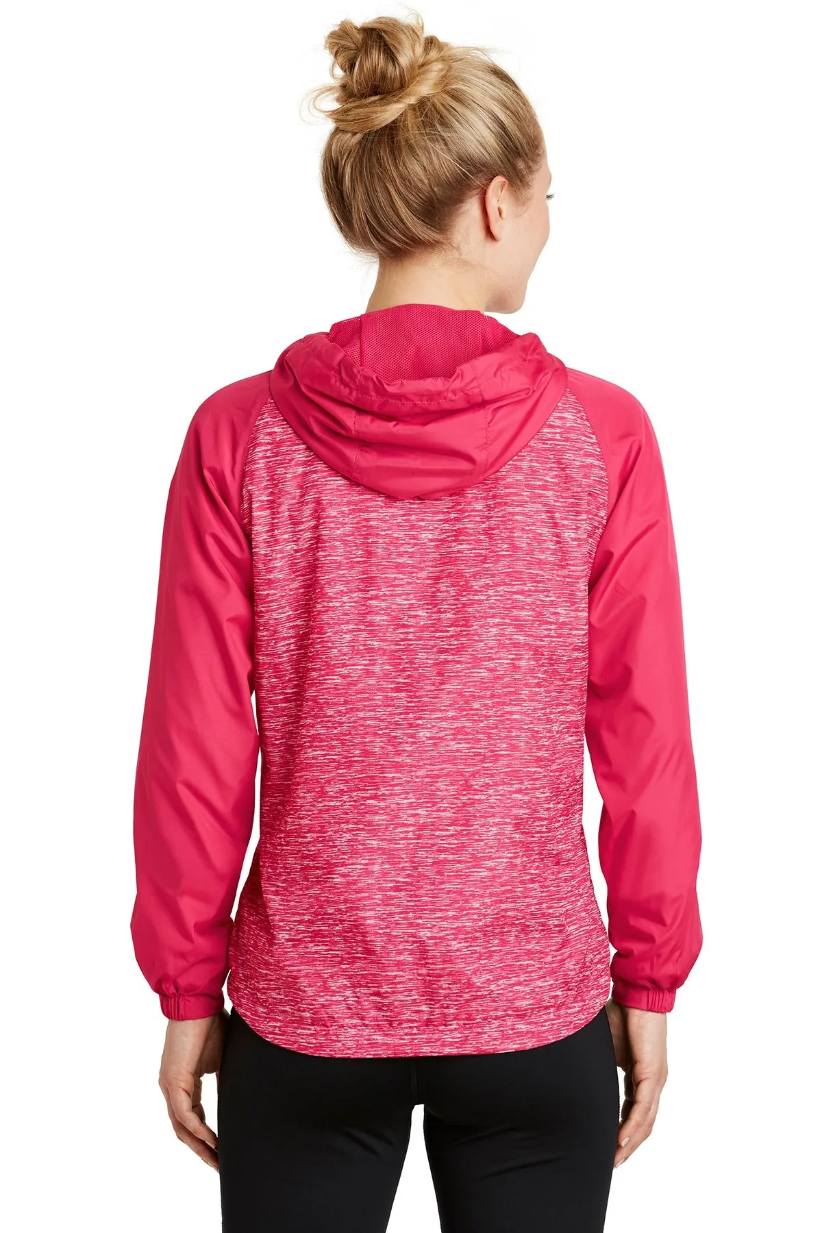 Sport-Tek Ladies Heather Colorblock Customized Raglan Hooded Wind Jackets, Pink Raspberry Heather/ Pink Raspberry