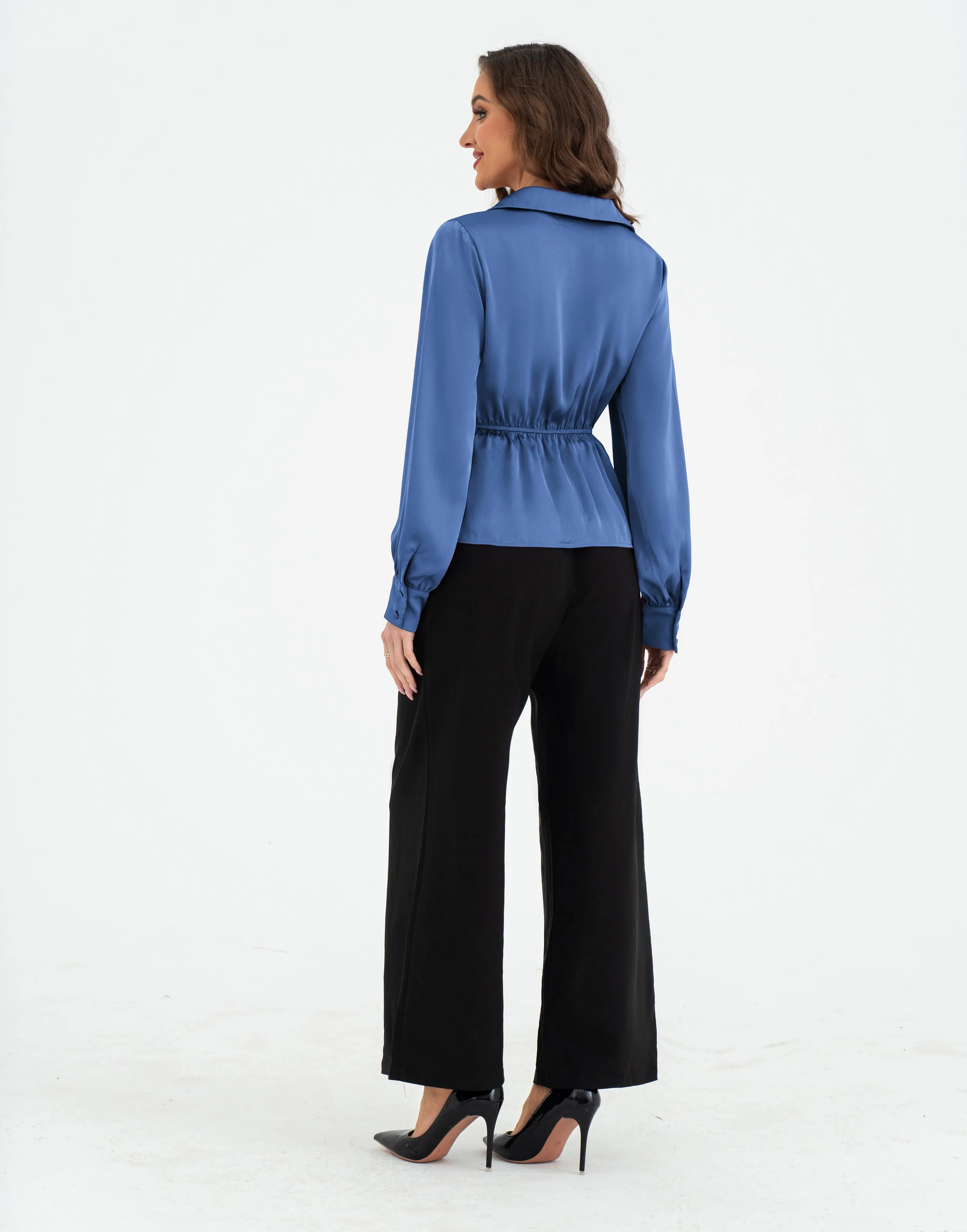 Vintage Elastic Waist Blouse Long Sleeve Lapel V-Neck Pullover Tops