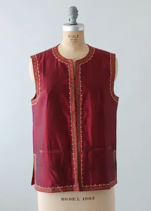 Vintage Handloomed Indian Silk Vest with Embroidered Trim