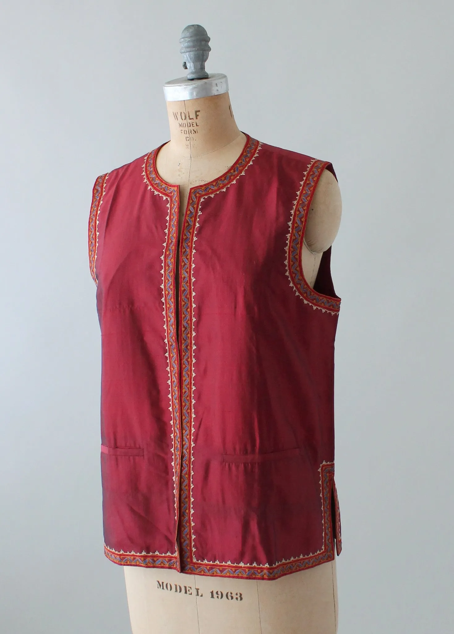 Vintage Handloomed Indian Silk Vest with Embroidered Trim