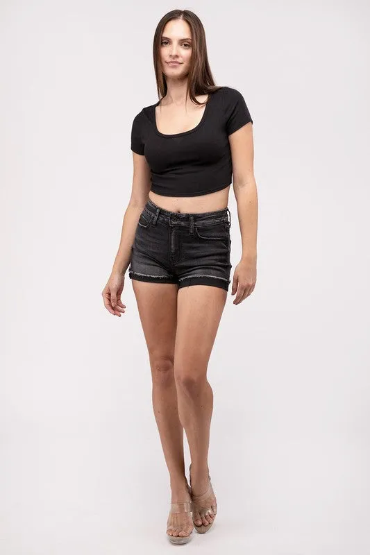 Washed Black Cuffed Raw Hem Denim Shorts