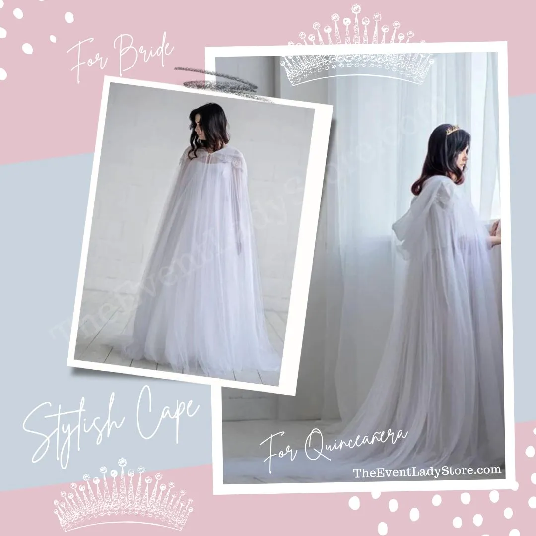 White Bridal Tulle Long Cape-Bride-Wedding-Quinceañera