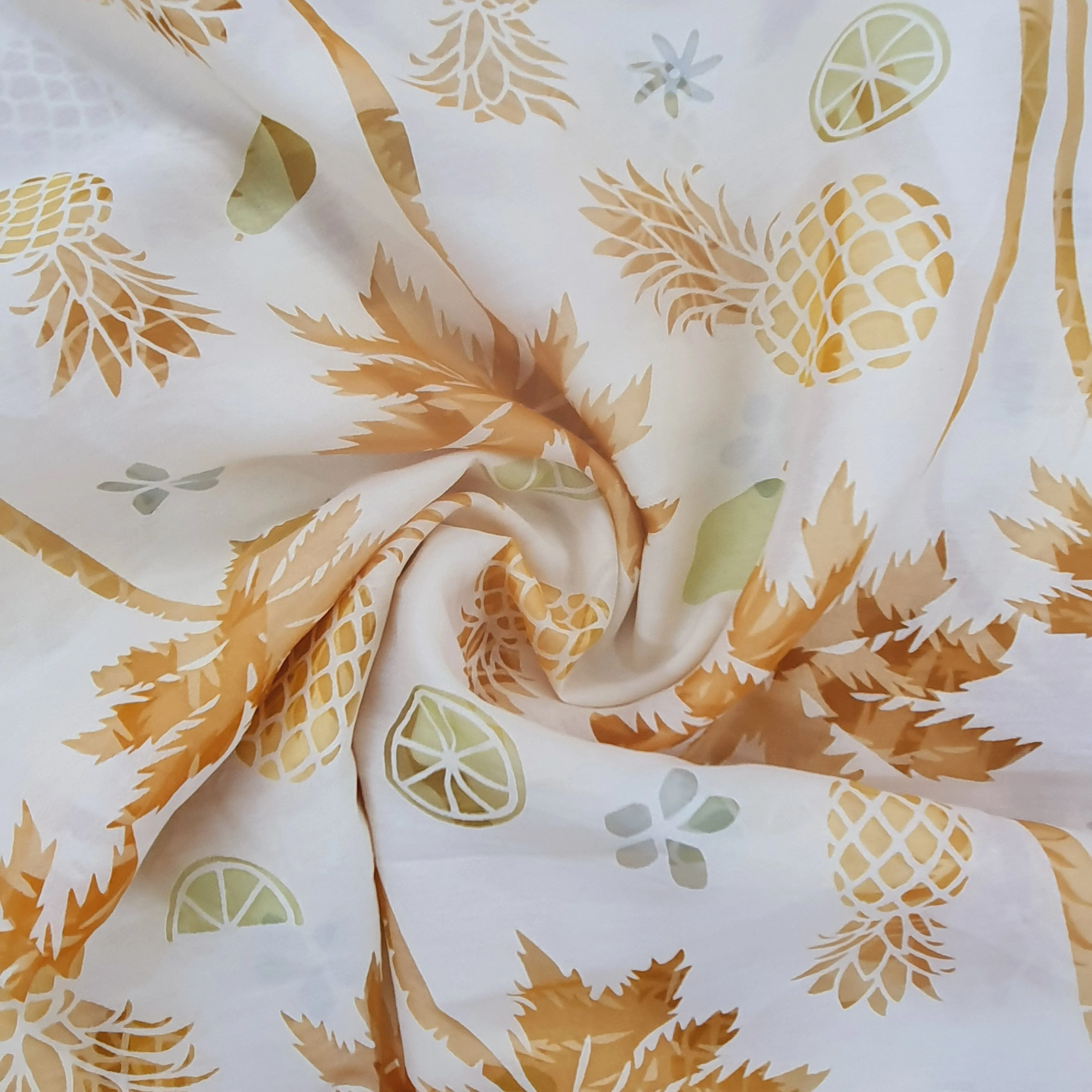 White n Yellow Tropical Print Organza Fabric