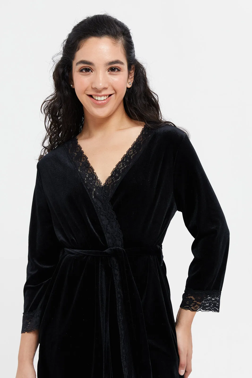 Women Black Velvet Robe