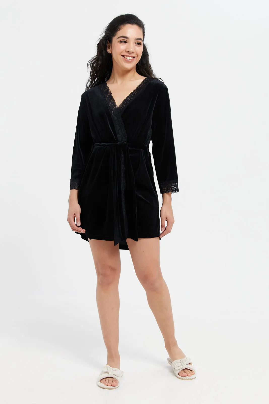 Women Black Velvet Robe